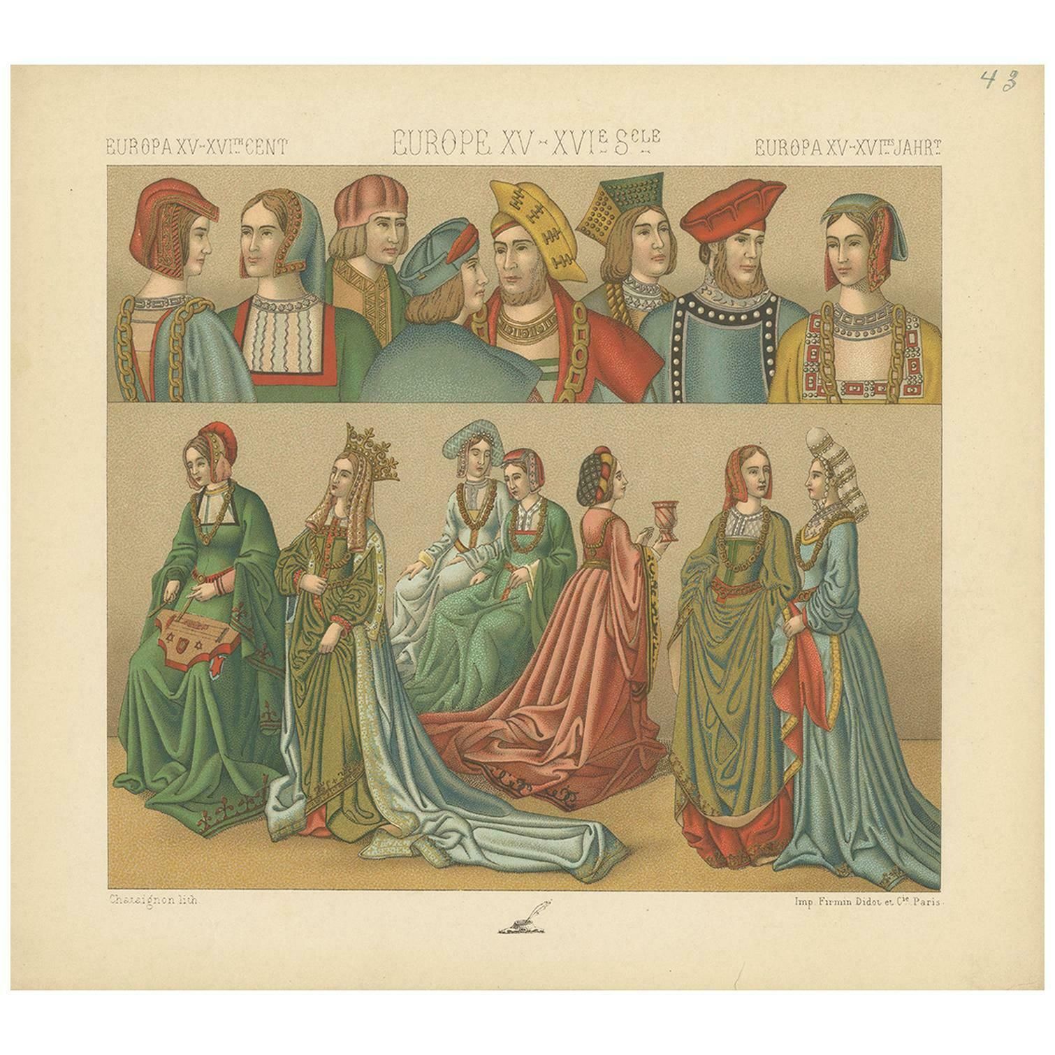 Pl. 43 Antique Print Of European 15th 16th Century Costumes, Racinet, Circa 1880