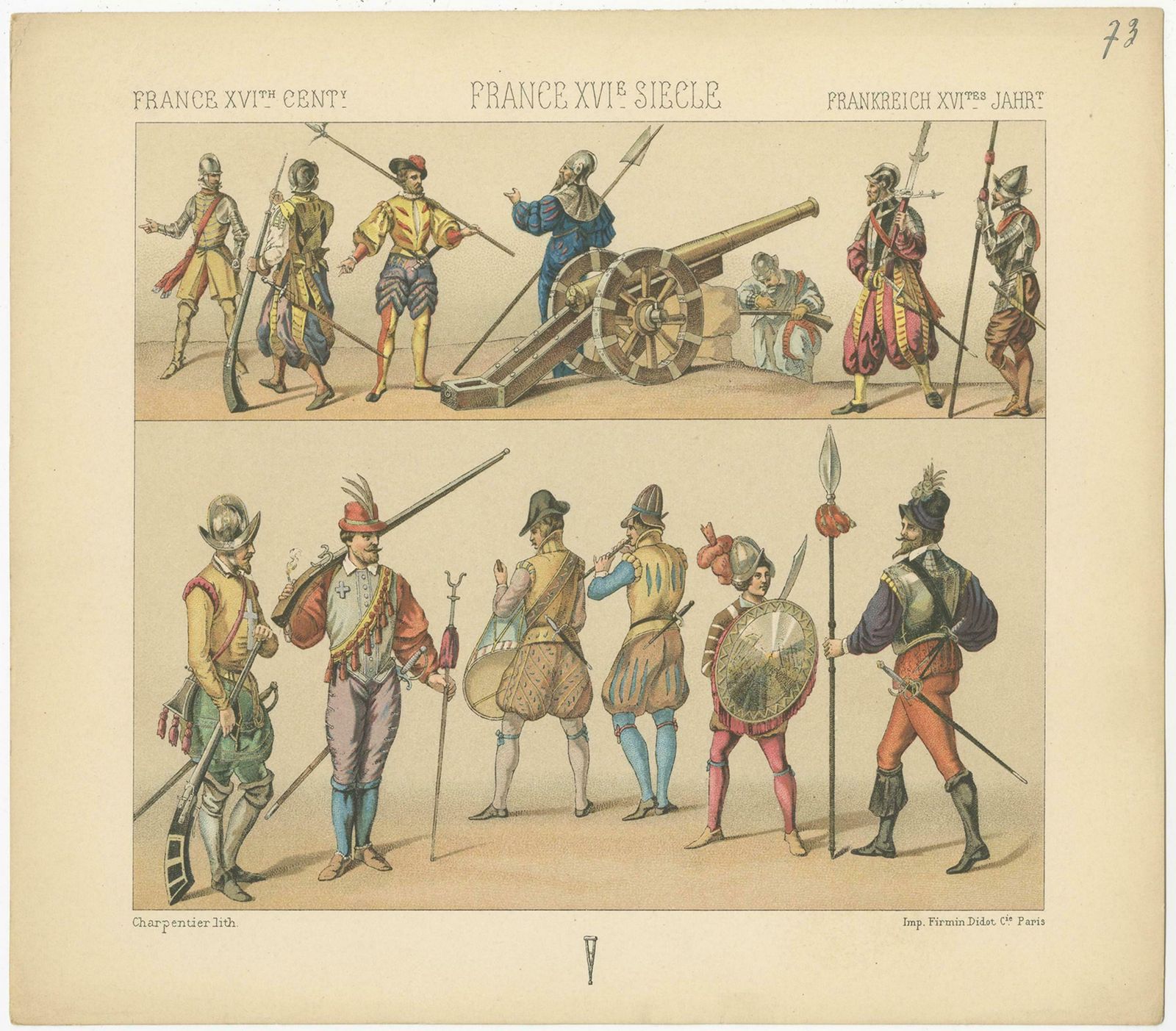 Pl. 73 Antique Print Of French 16th Century Battle Costumes, Racinet, Circa 1880 photo for sale