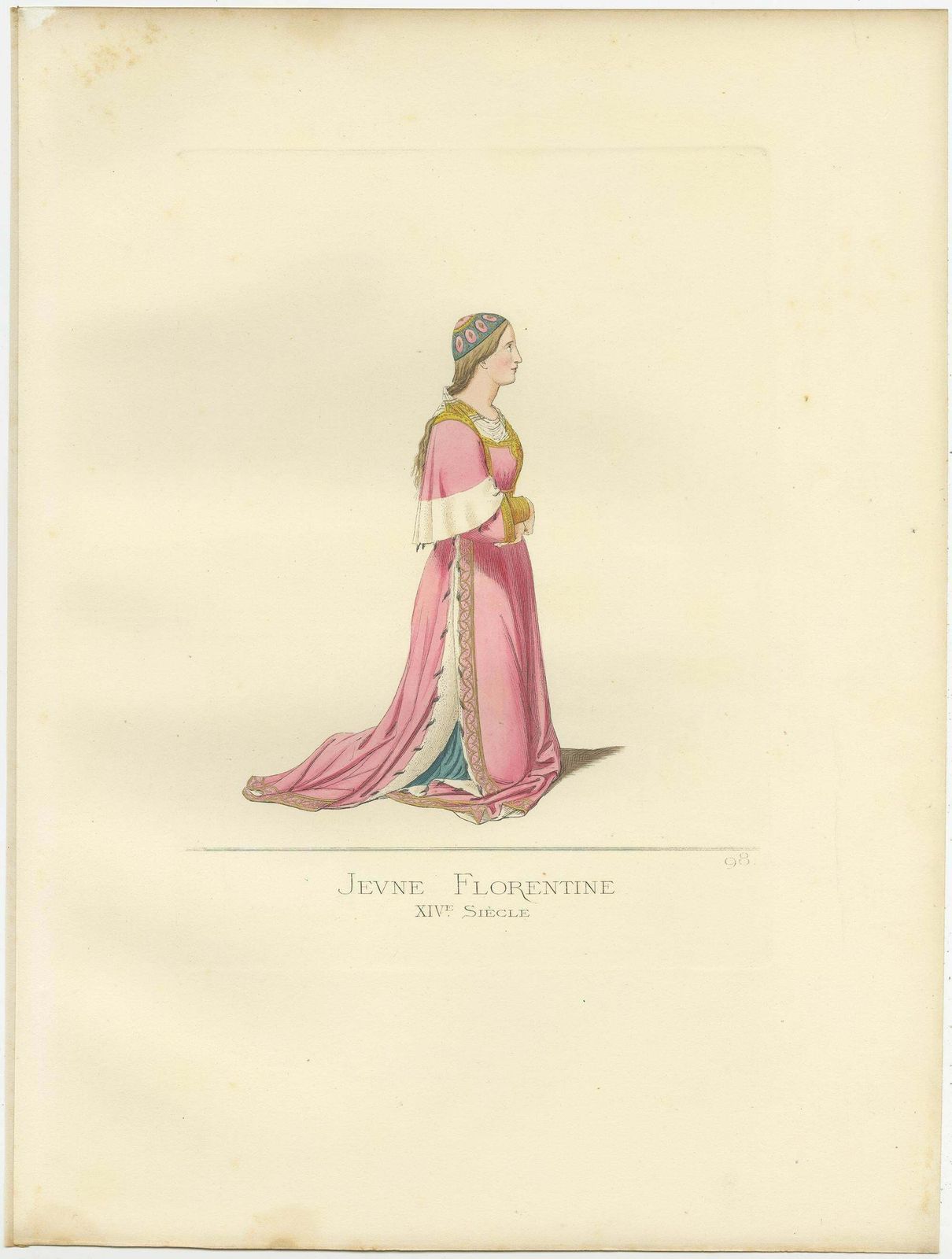 Antique Print Of A Young Florentine Woman, Italy, 14th Century, By Bonnard, 1860 photo for sale