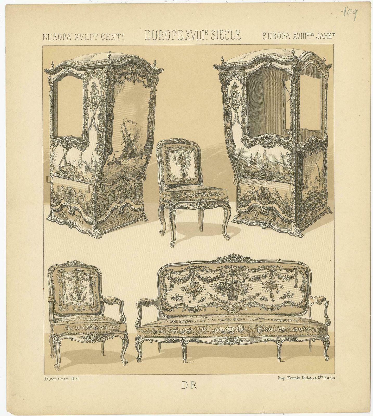 Pl. 109 Antique Print Of European Xviiith Century Furniture By Racinet photo furniture