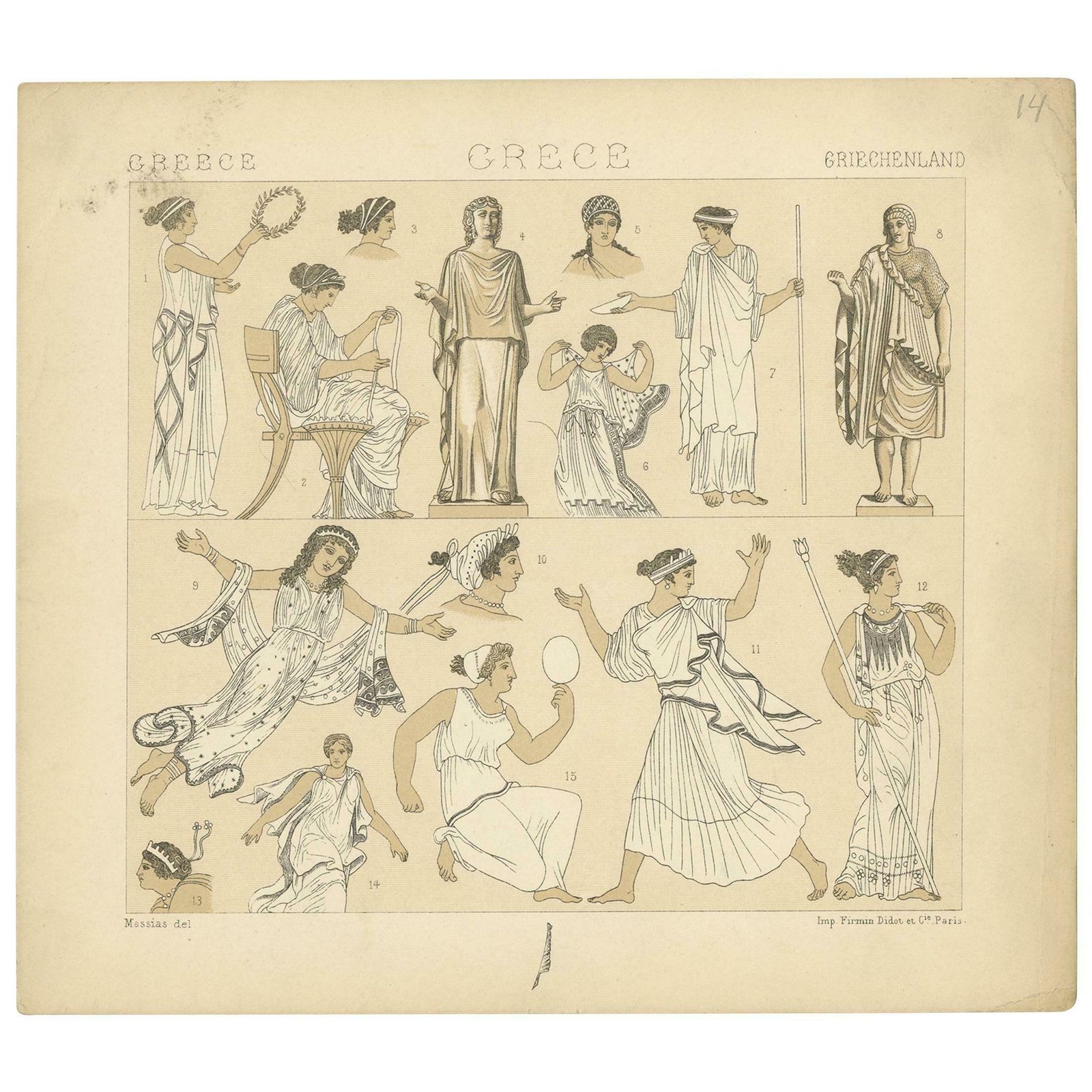 Pl. 14 Antique Print Of Greece Costumes By Racinet, 'Circa 1880'