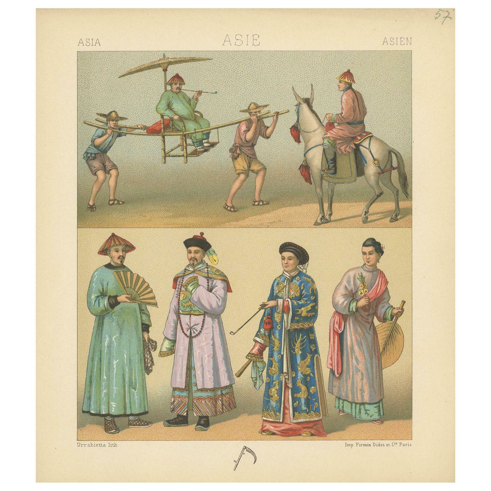 Pl. 57 Antique Print Of Asian Costumes By Racinet, 'Circa 1880'
