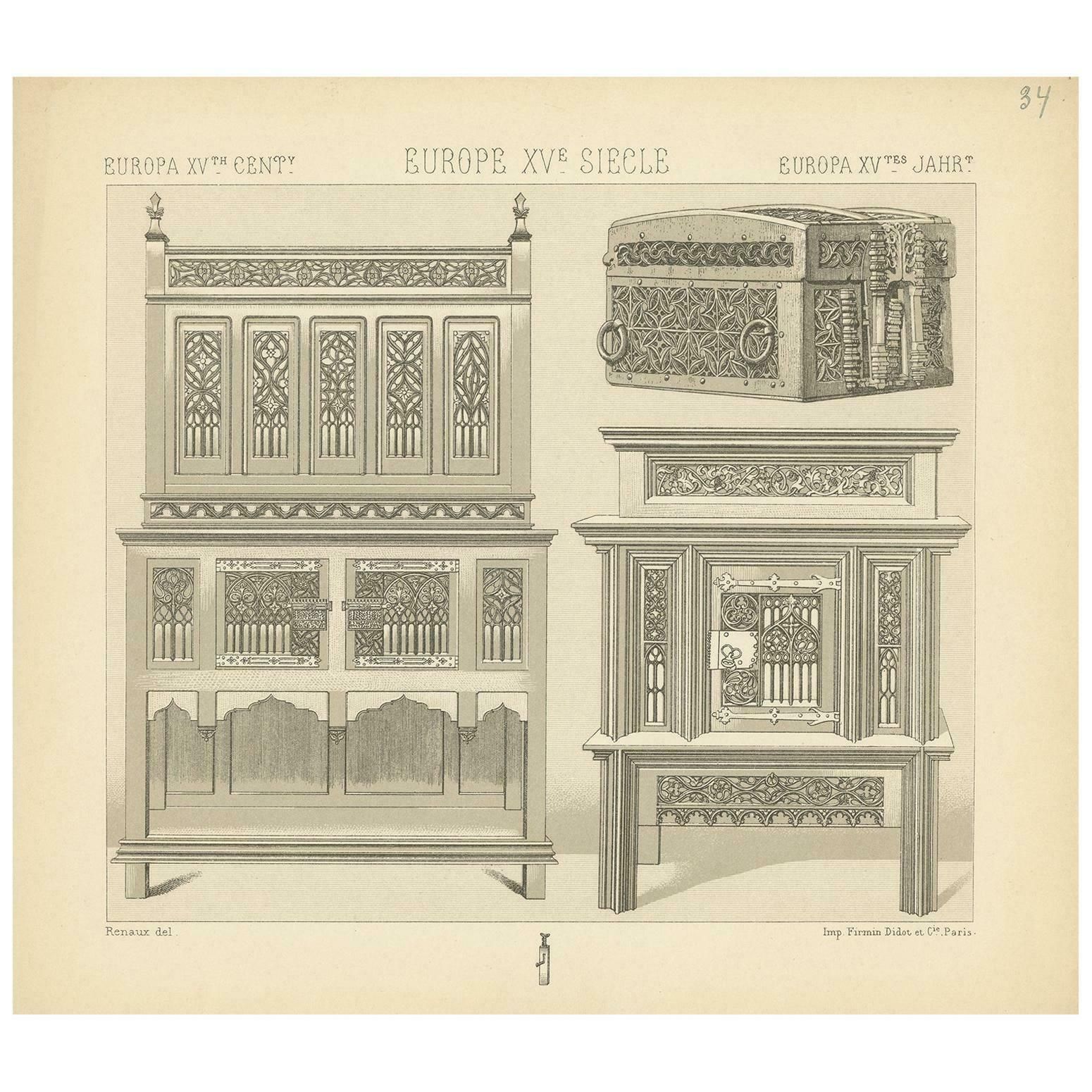 Pl. 34 Antique Print Of European 15th Century Furniture By Racinet, Circa 1880