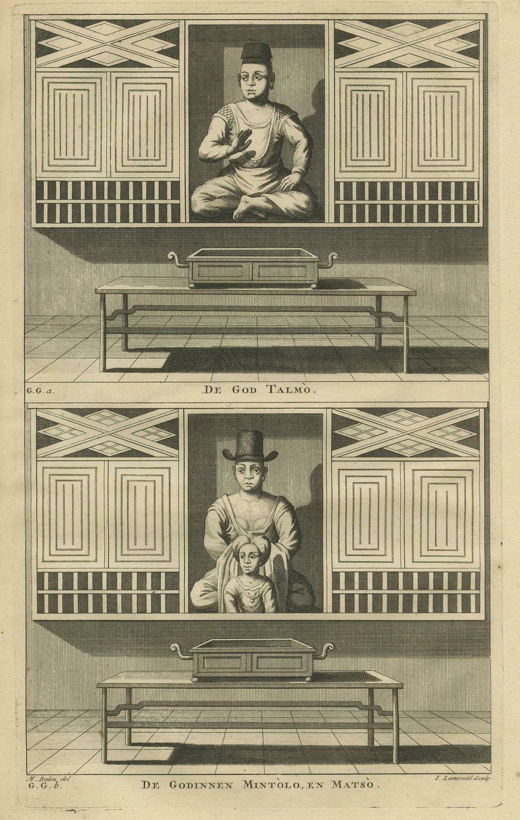 Antique Print Of Deities Of Chinese Buddhism By Valentijn, 1726 photo furniture