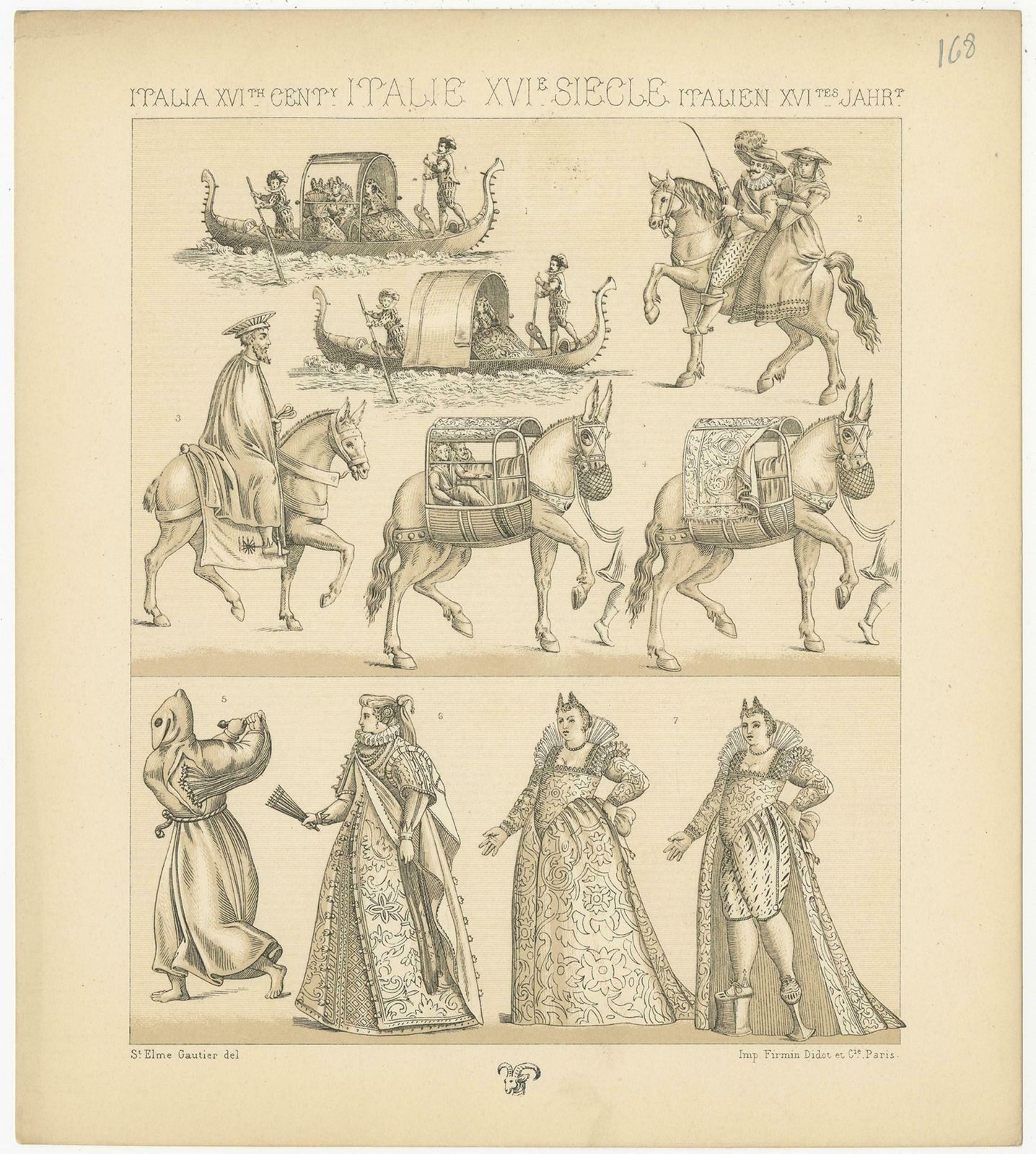 Pl. 168 Antique Print Of 16th Century Italian Scenes By Racinet photo for sale