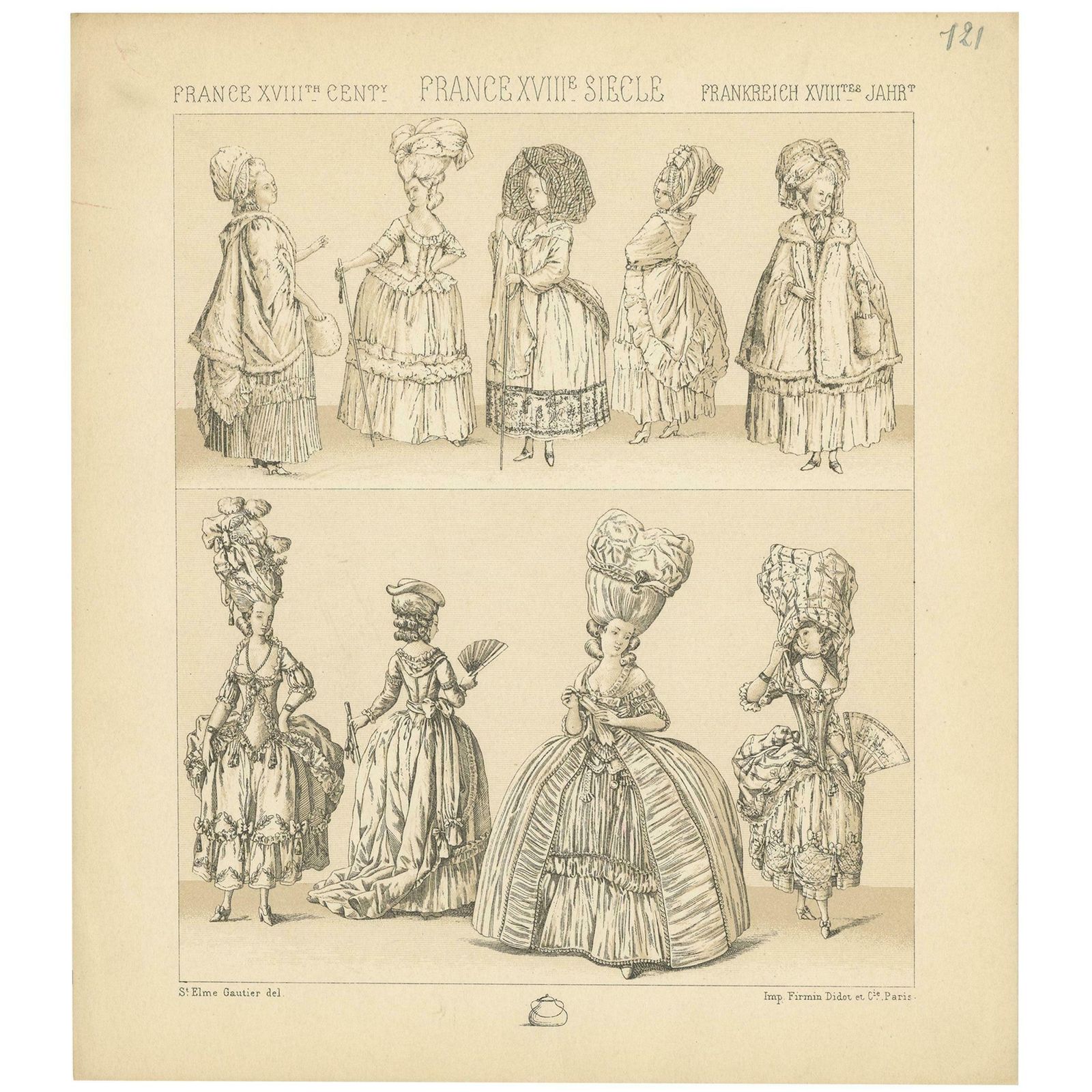 Pl. 121 Antique Print Of French 18th Century Dresses By Racinet, 'Circa 1880'
