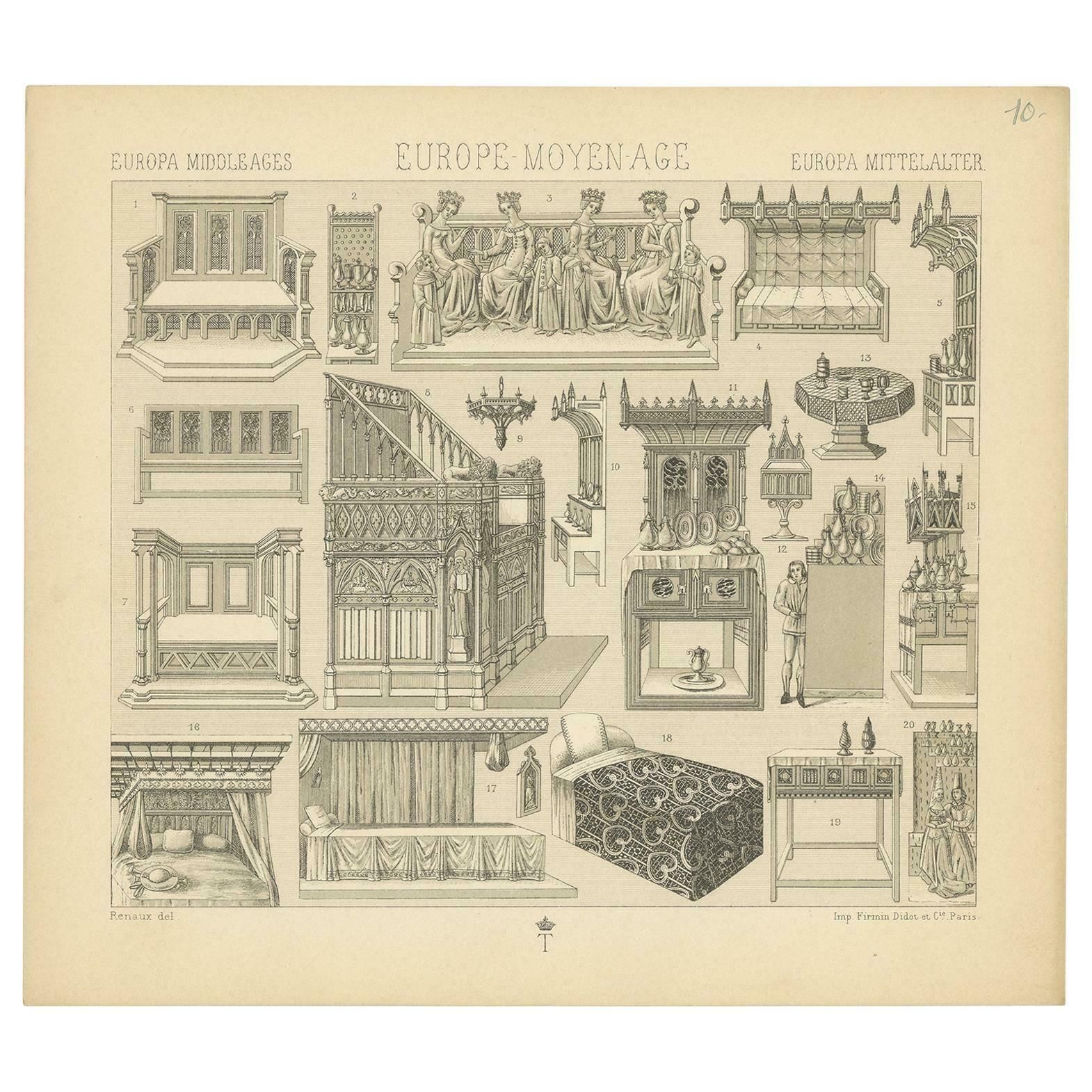 Pl. 10 Antique Print Of European Middle Ages Furniture By Racinet, Circa 1880
