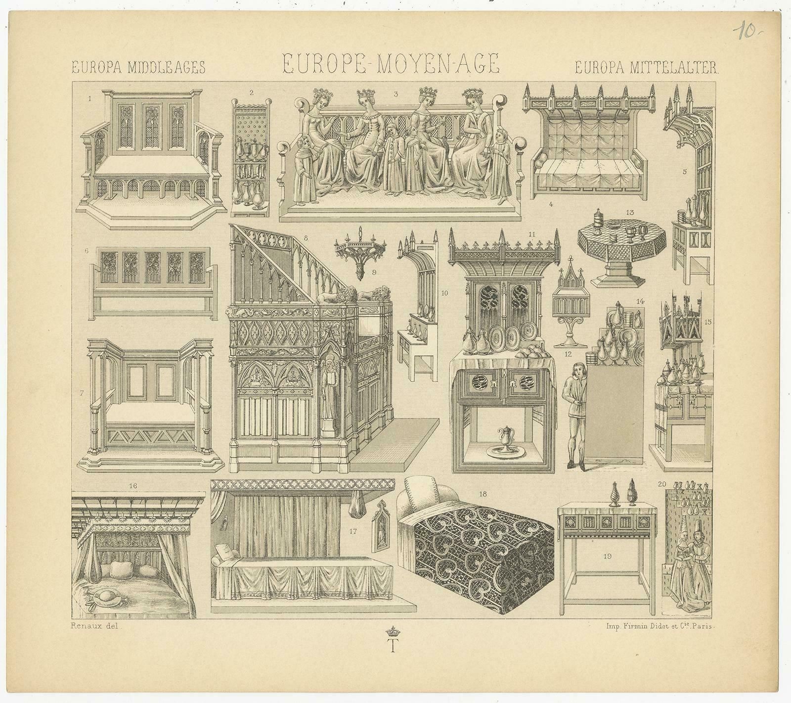 Pl. 10 Antique Print Of European Middle Ages Furniture By Racinet, Circa 1880 photo furniture