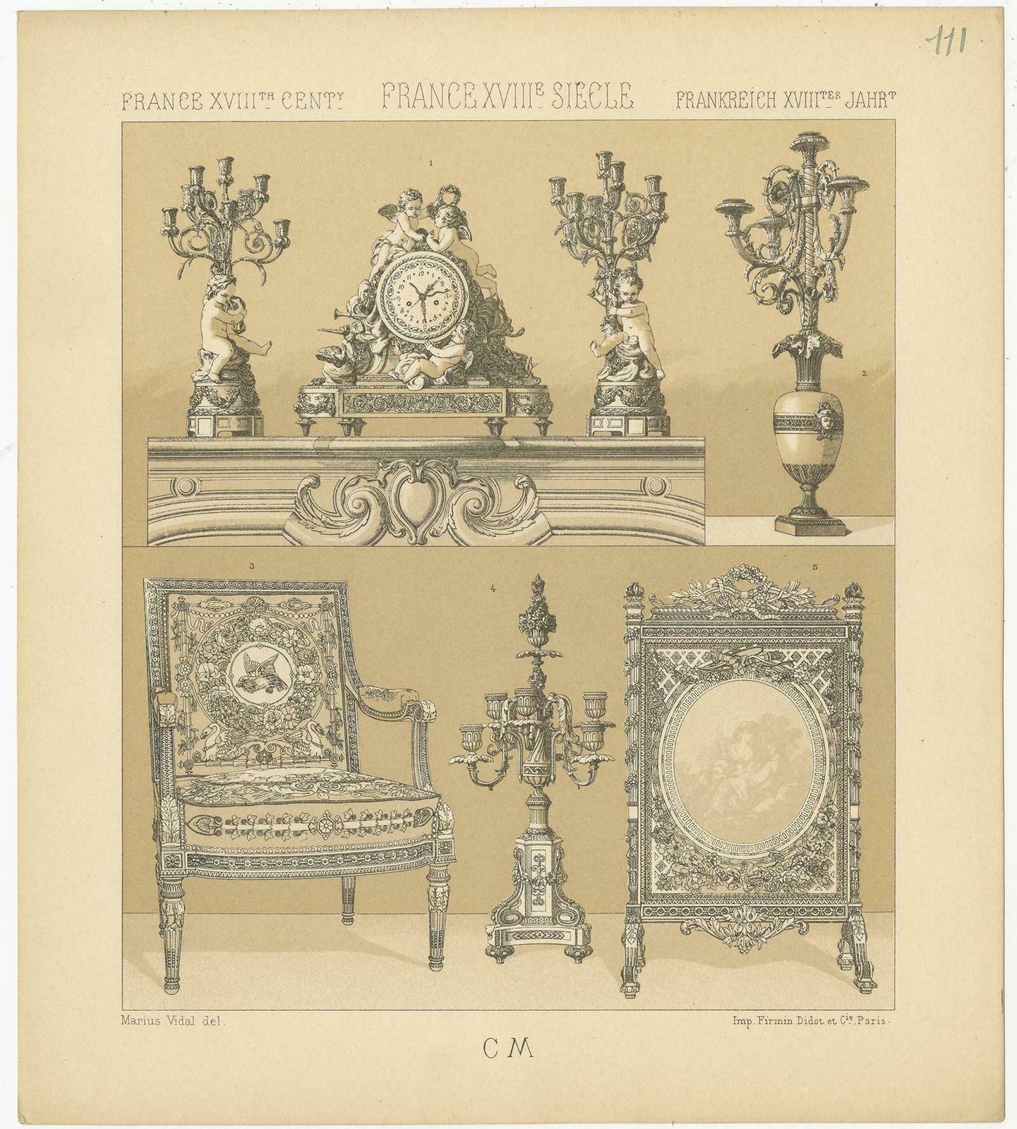 Pl 111 Antique Print Of French 18th Century Decorative Objects By Racinet photo for sale