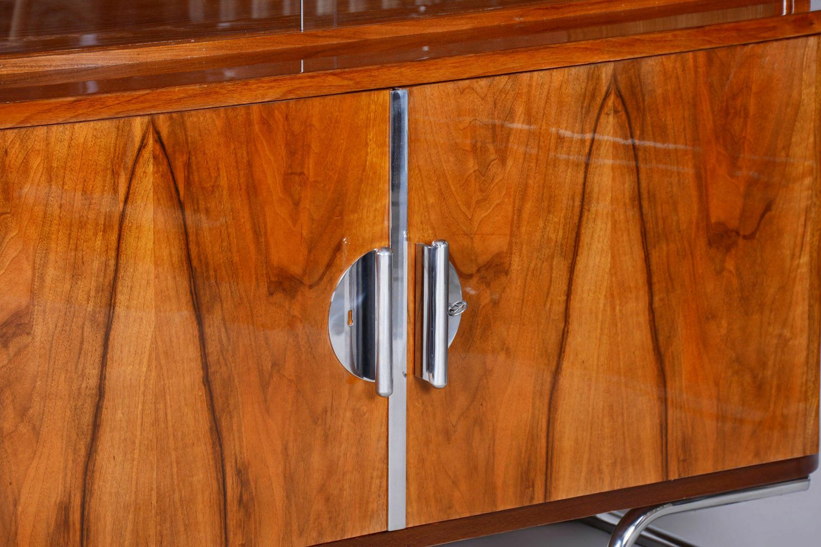 Restored Art Deco Bookcase, By Vichr A Spol., Walnut, Glass, Czech, 1930s photo vintage