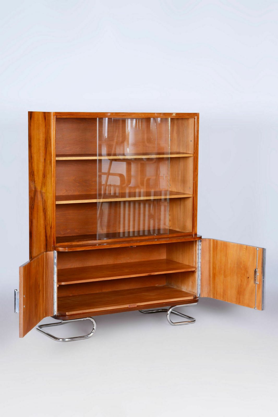 photo for sale Restored Art Deco Bookcase, By Vichr A Spol., Walnut, Glass, Czech, 1930s