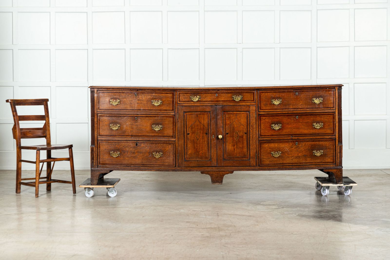 Large English George III Oak Inlaid Dresser Base photo for sale