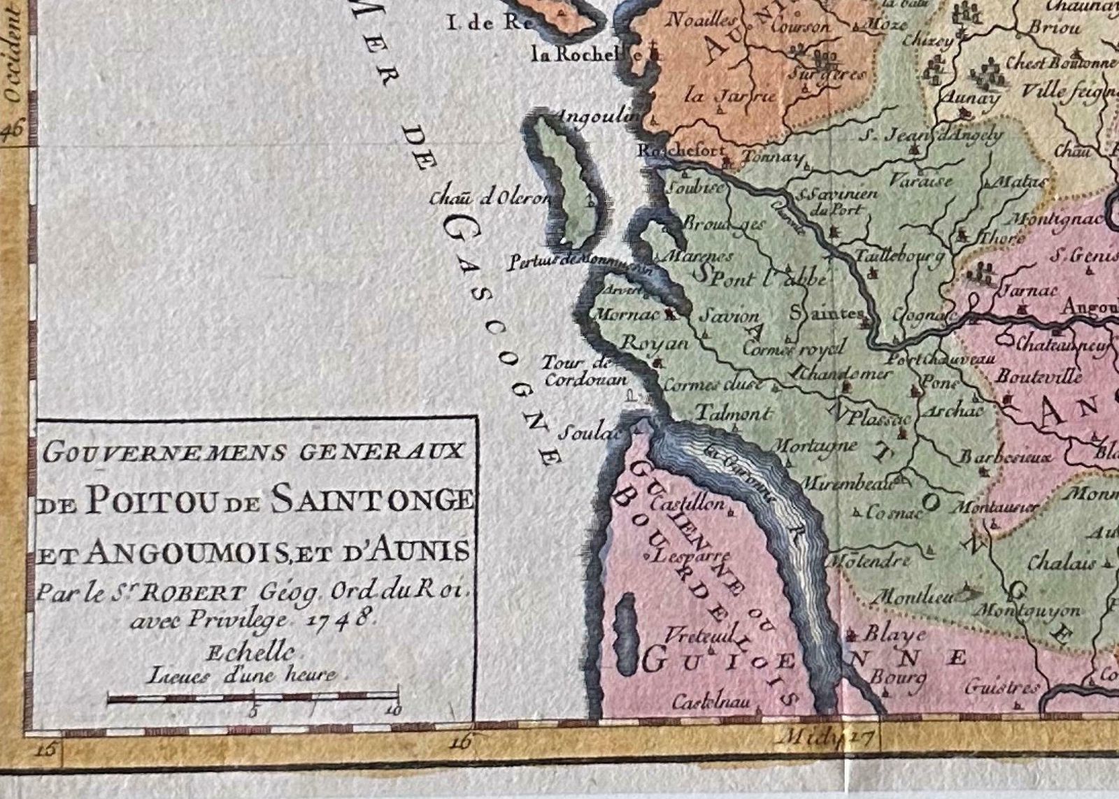 Original Antique Map Of West Central France In Frame, 1748 photo Art