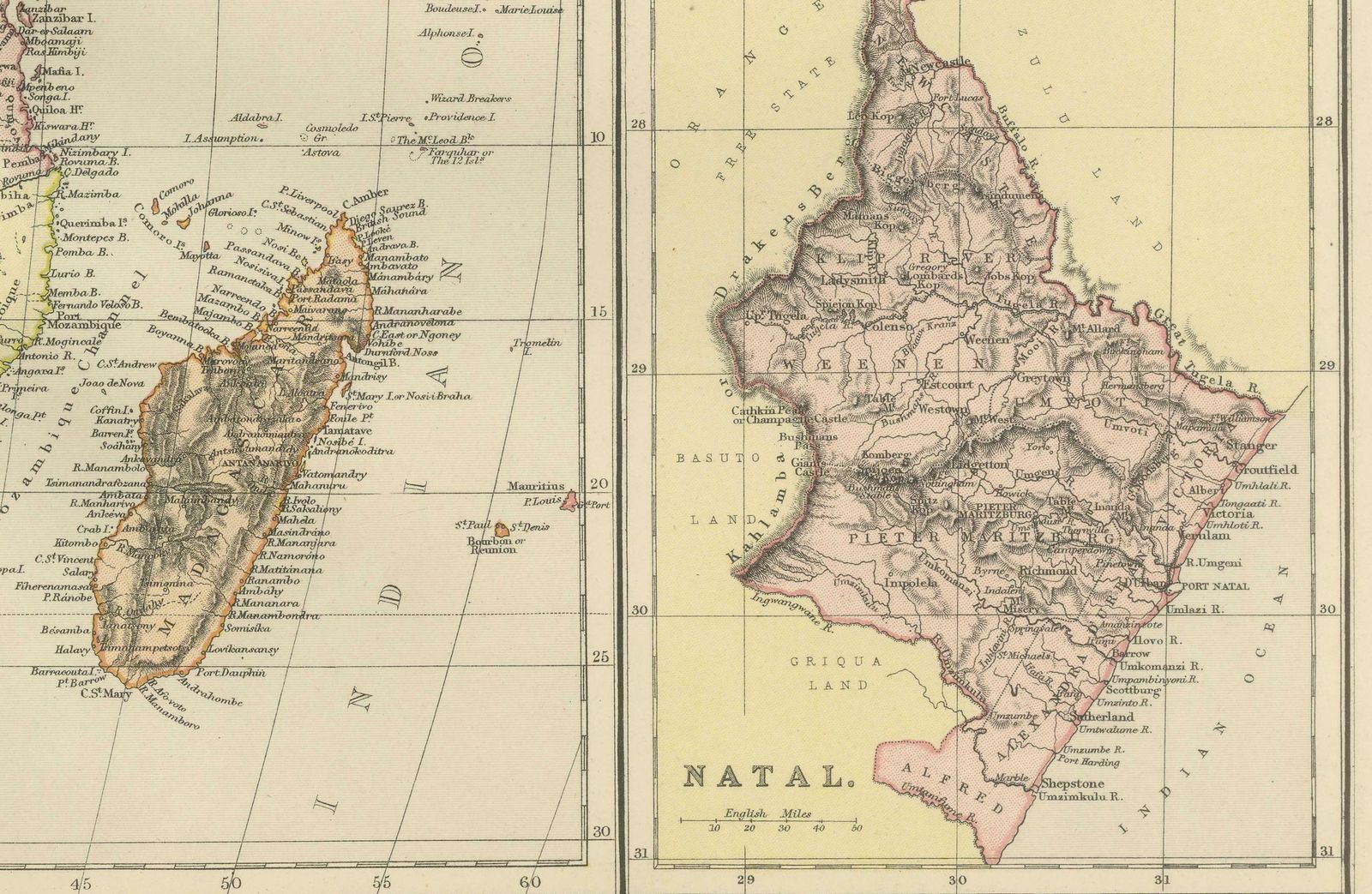 Antique Old Map Of Africa With Insets Of Mauritius, Reunion And Natal, 1882 photo buy