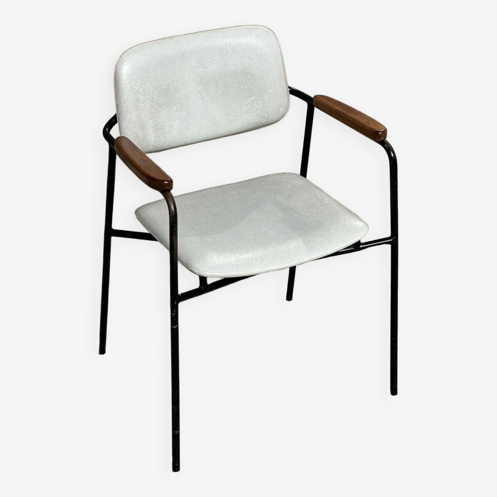 Armchair In Metal, Oak And Imitation Leather Vintage 1950