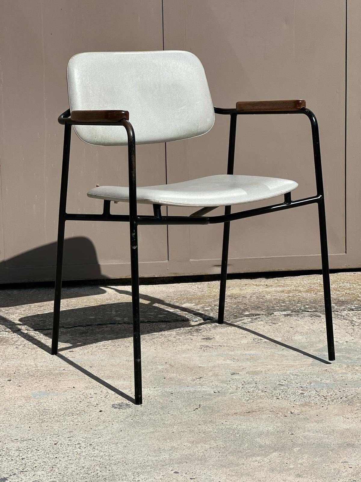 Armchair In Metal, Oak And Imitation Leather Vintage 1950 photo for sale