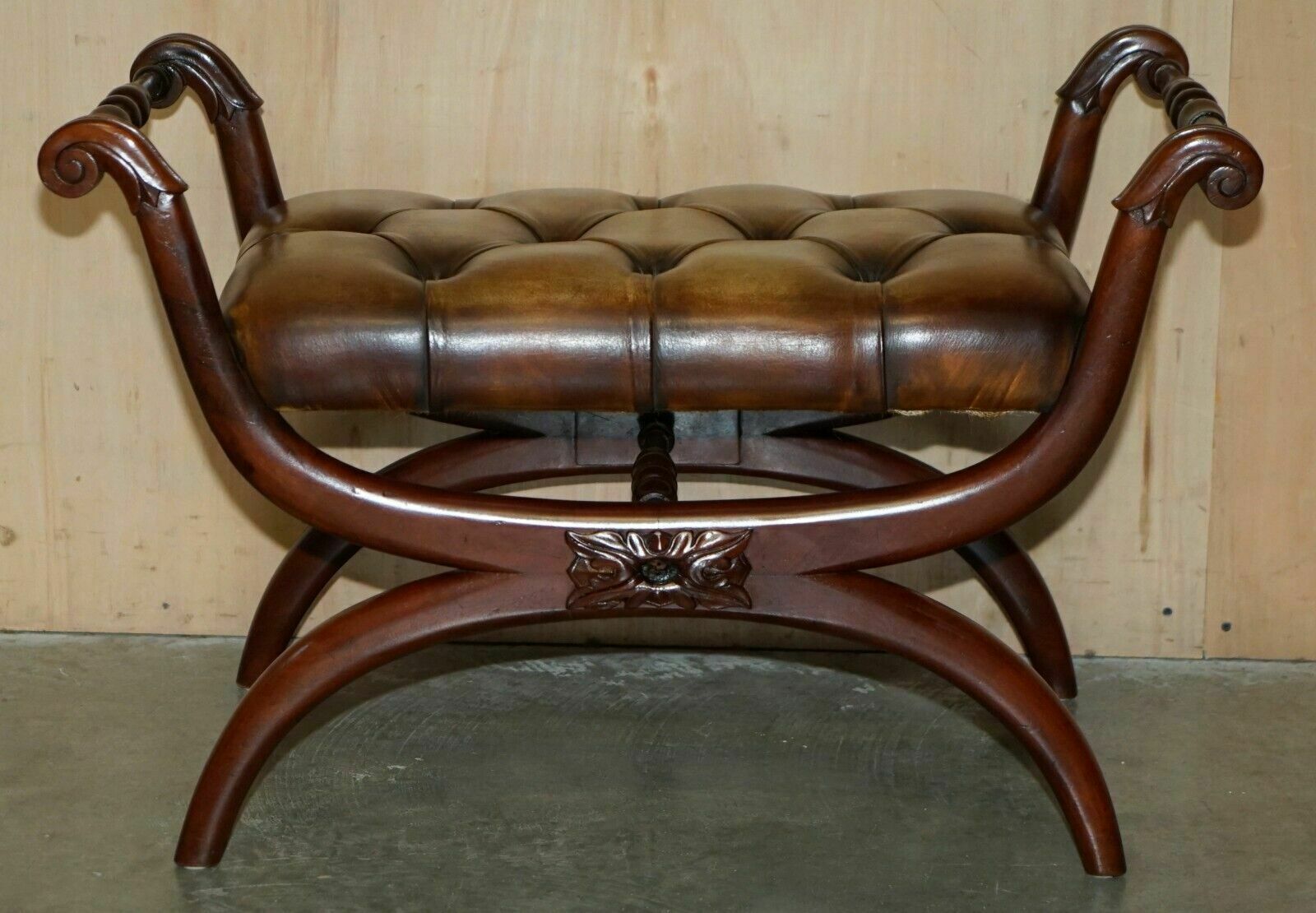 photo buy Pair Of Antique Brown Leather Chesterfield Tufted Regency Framed Footstools