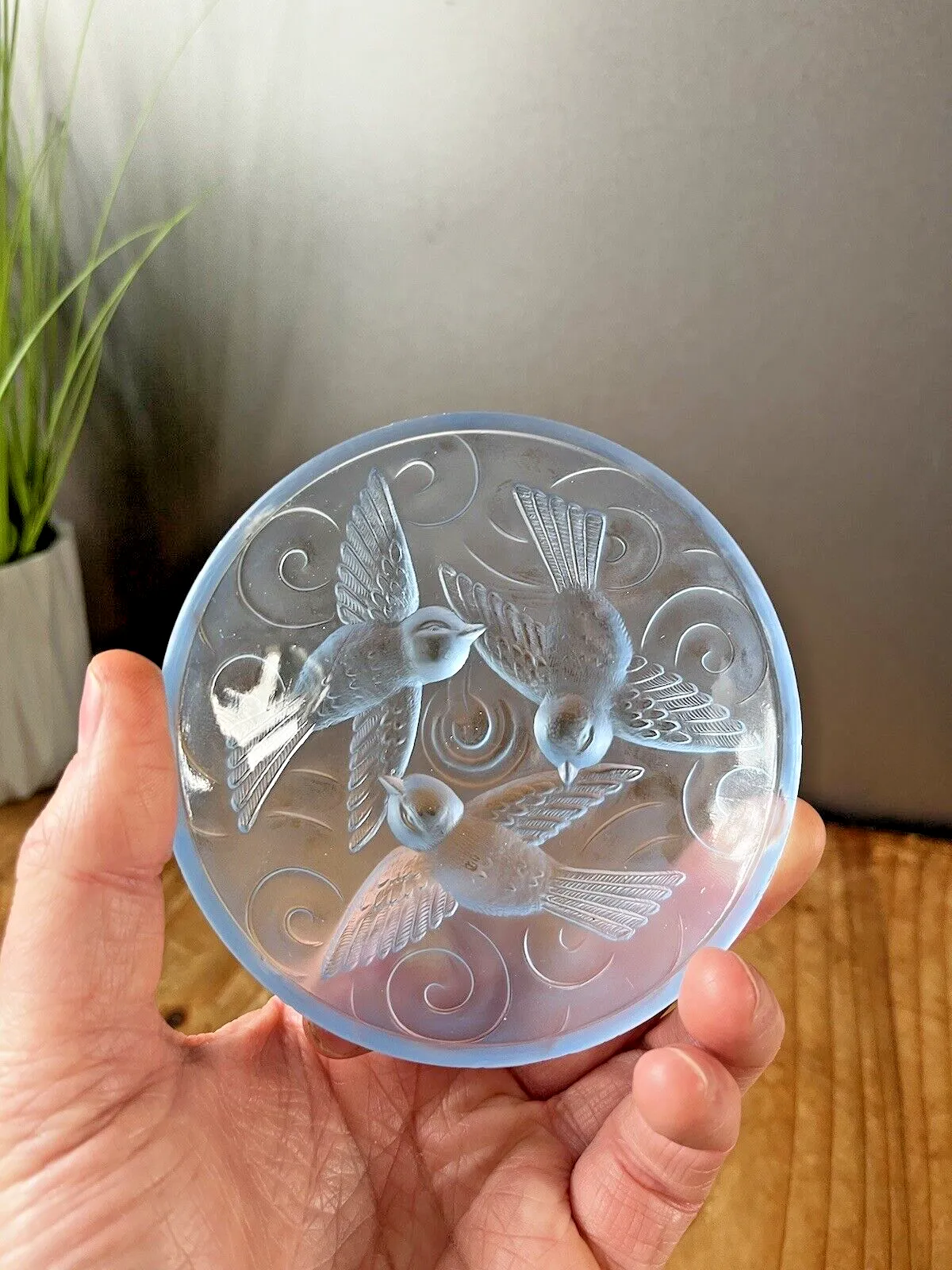 Lovely Art Deco French Frosted Blue Glass Sparrow Bird Dish Lalique Sabino Style photo vintage