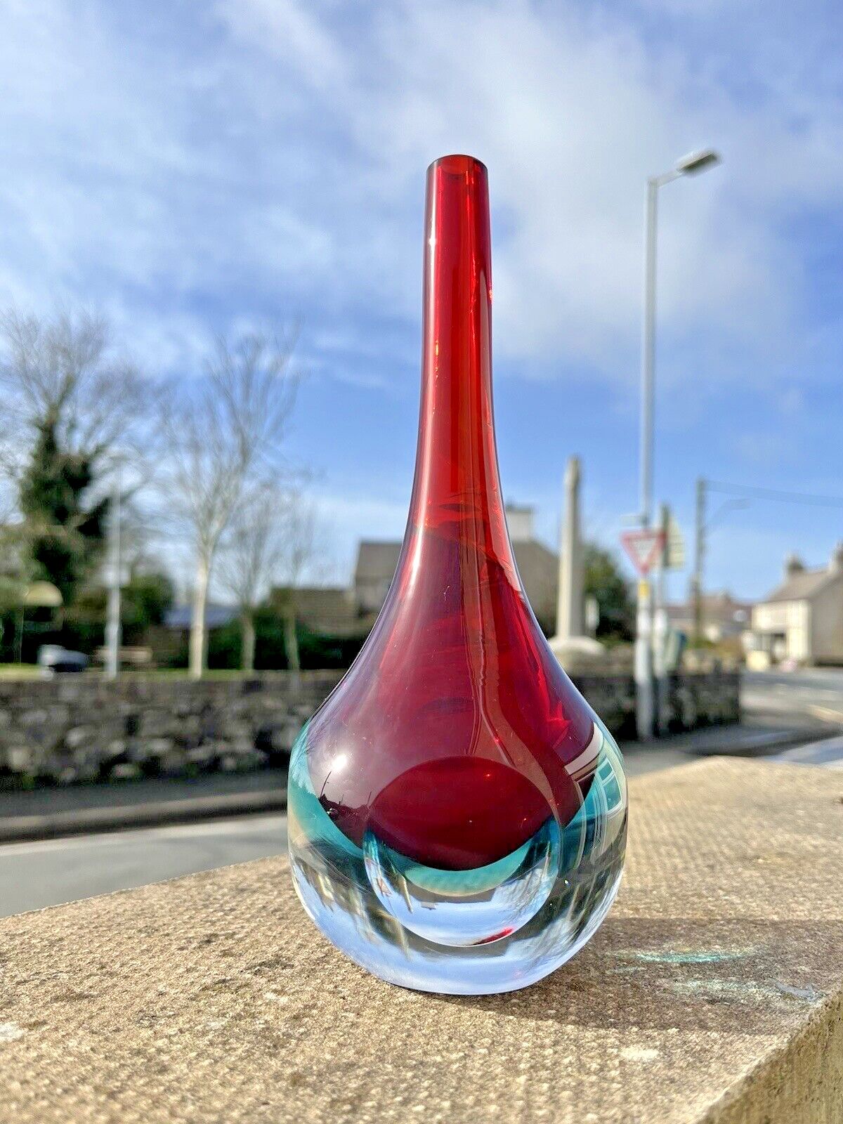 Unusual Vintage Red & Blue Sommerso Round Faceted Glass Bud Vase Murano Style Cenedese Formia Oball 5th Avenue Fifth Ave photo furniture