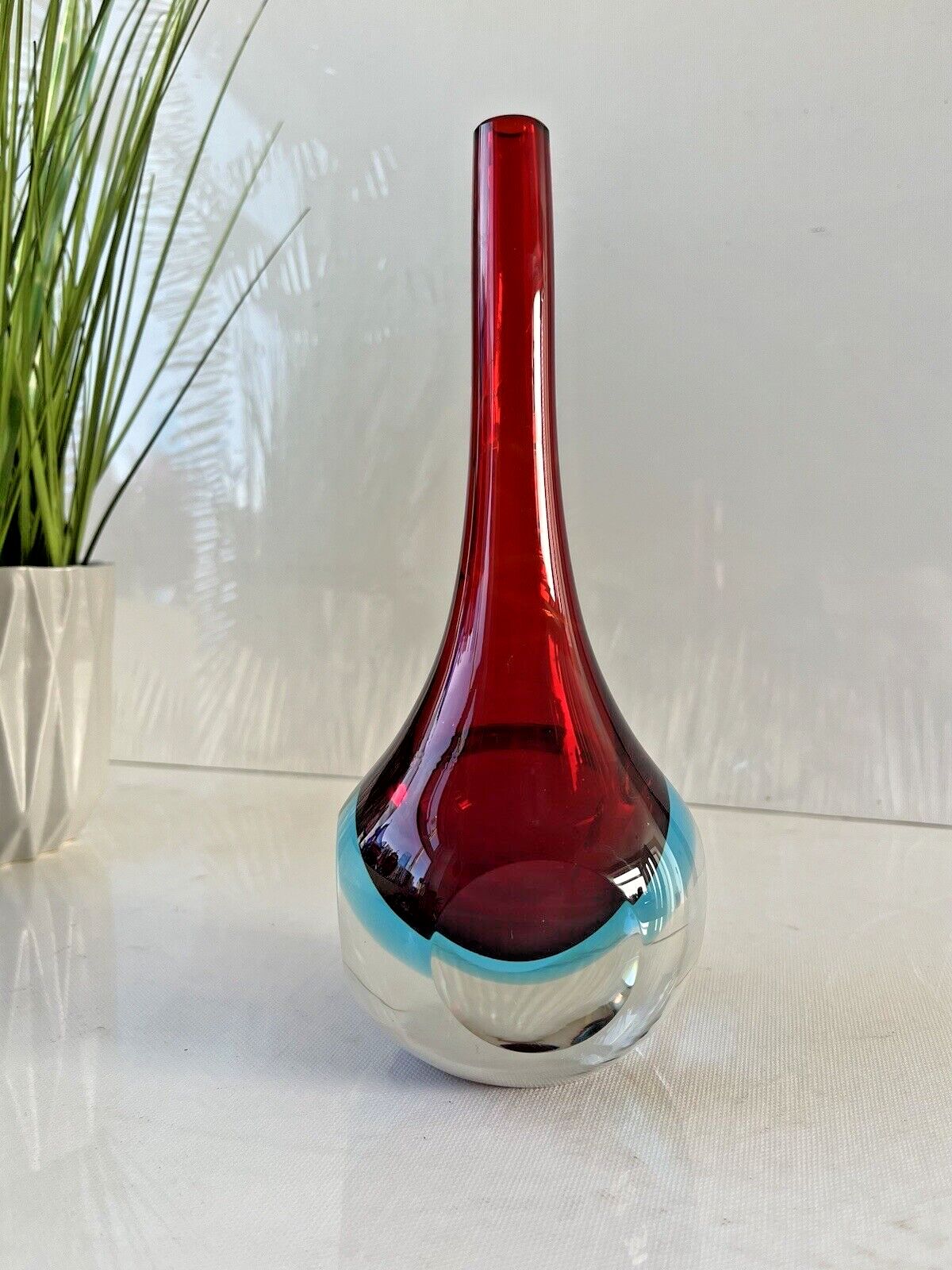 Unusual Vintage Red & Blue Sommerso Round Faceted Glass Bud Vase Murano Style Cenedese Formia Oball 5th Avenue Fifth Ave photo buy