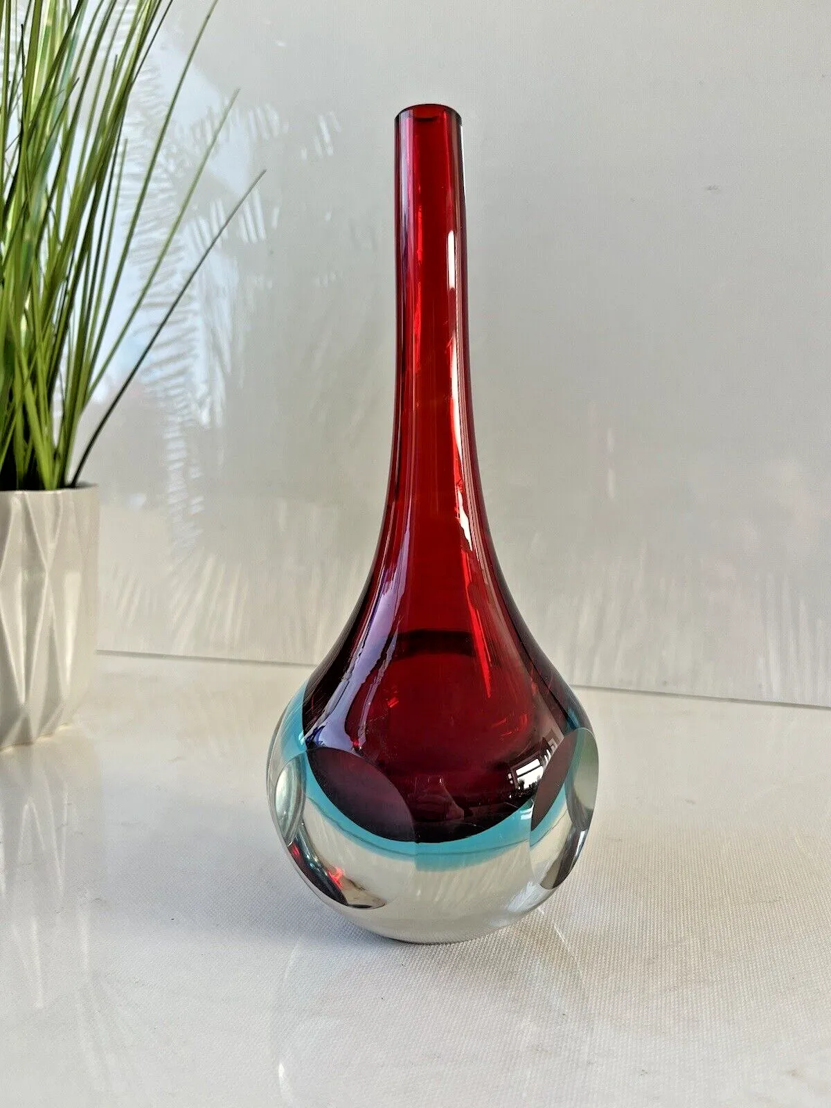 Unusual Vintage Red & Blue Sommerso Round Faceted Glass Bud Vase Murano Style Cenedese Formia Oball 5th Avenue Fifth Ave photo vintage