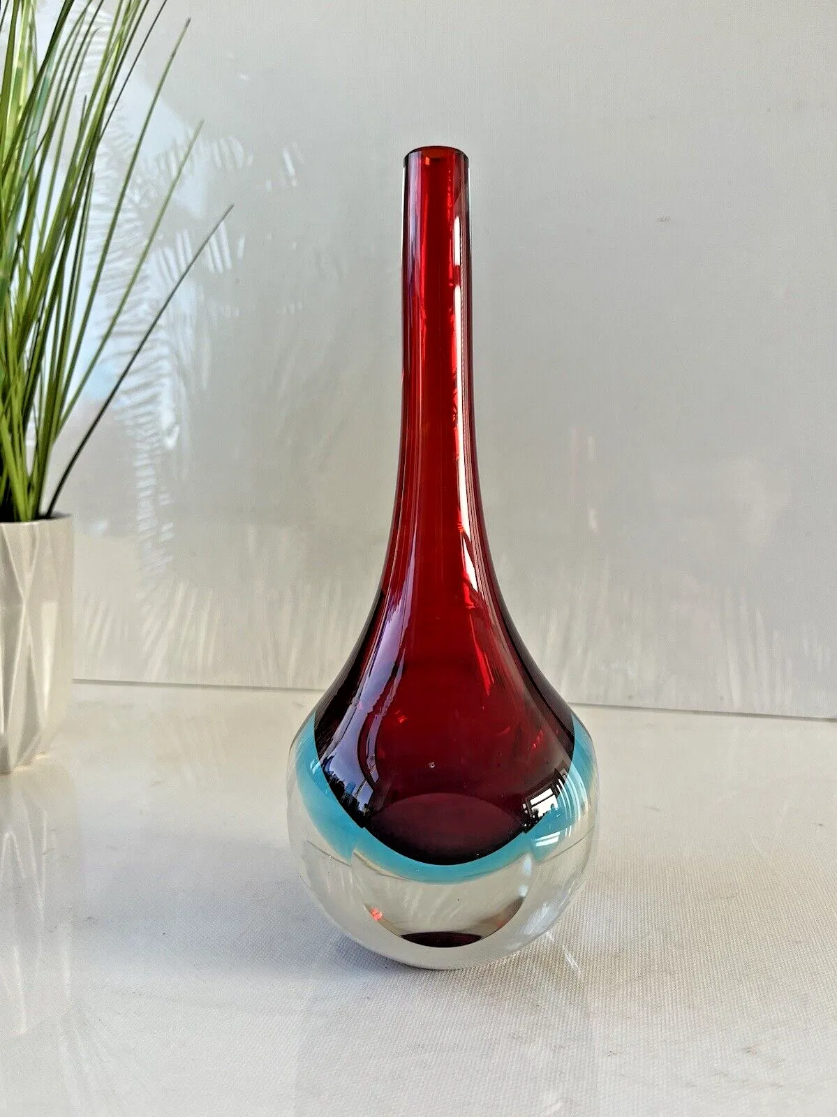 photo for sale Unusual Vintage Red & Blue Sommerso Round Faceted Glass Bud Vase Murano Style Cenedese Formia Oball 5th Avenue Fifth Ave