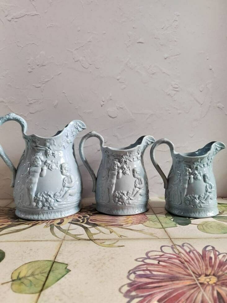 Set Of 3 Cherub Design Antique Jugs/ Ironstone Style Grey Pottery Jugs/ Vases photo furniture
