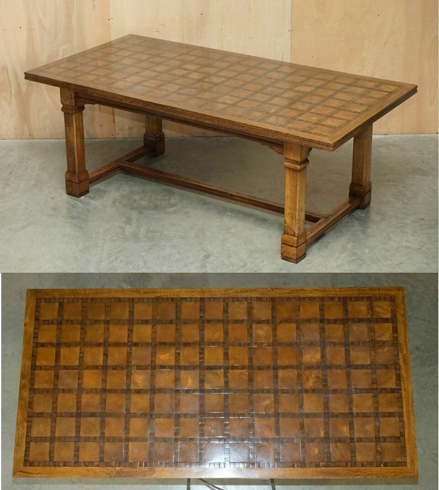 Exquisite Vintage Oyster Veneer & Parquetry Inlaid Refectory Dining Table