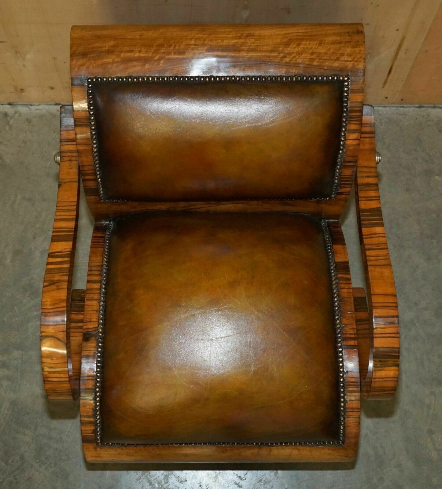 Fully Restored Art Deco Circa 1920's Zebrano Brown Leather Sofa Armchair Suite photo vinterior