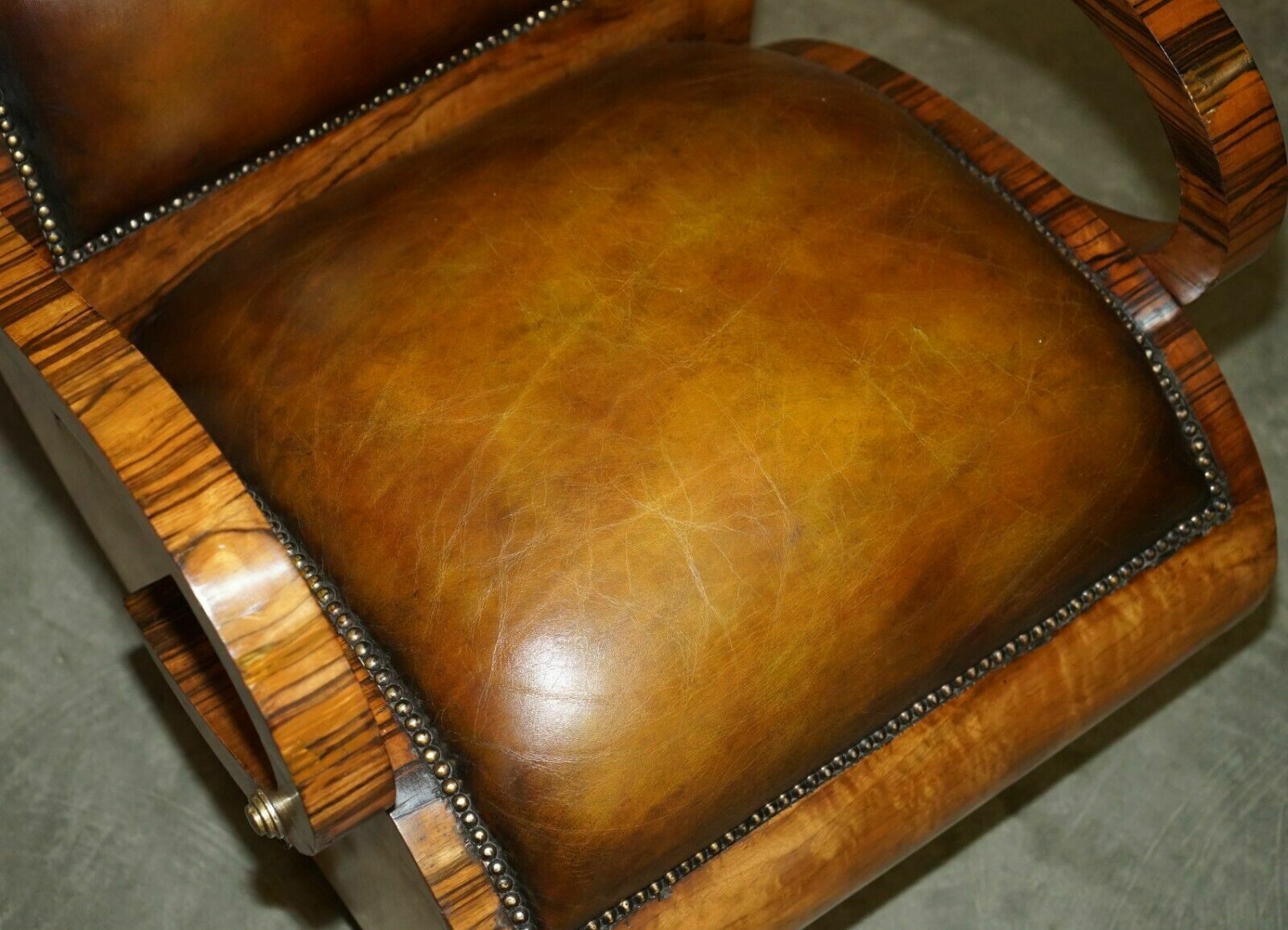 Fully Restored Art Deco Circa 1920's Zebrano Brown Leather Sofa Armchair Suite photo buy