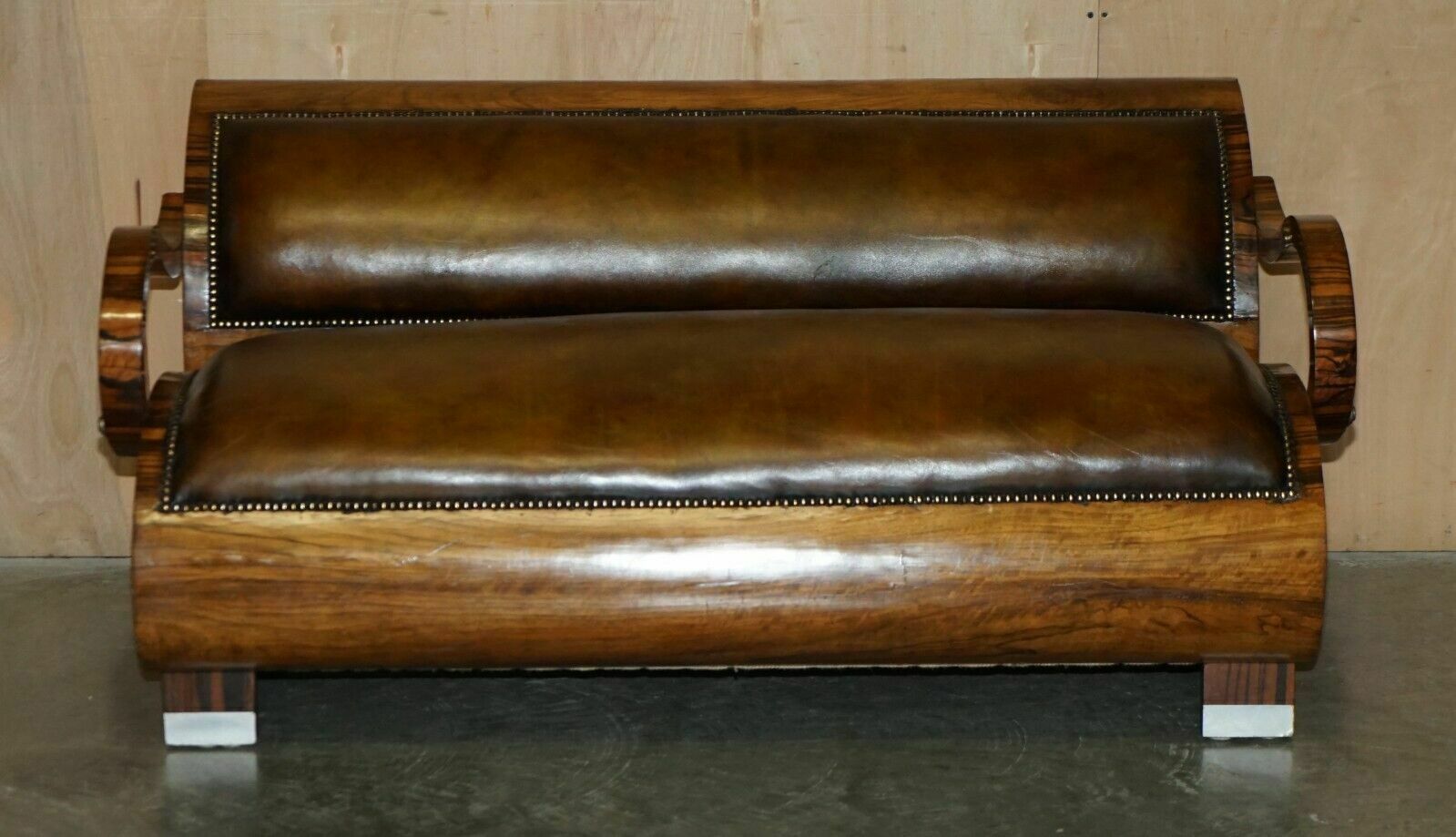 photo buy Fully Restored Art Deco Circa 1920's Zebrano Brown Leather Sofa Armchair Suite