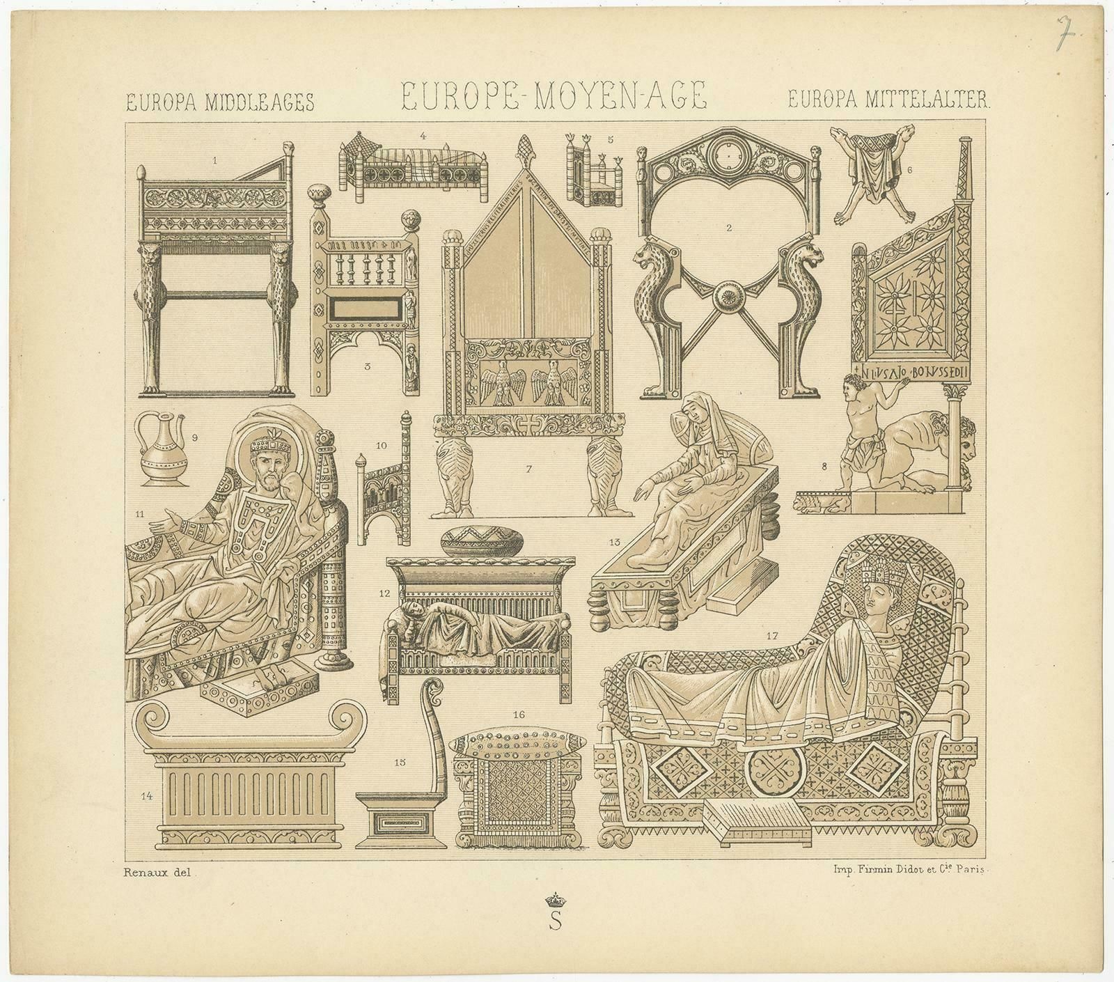 Pl. 7 Antique Print Of European Middle Ages Statue Objects By Racinet Circa 1880 photo Art