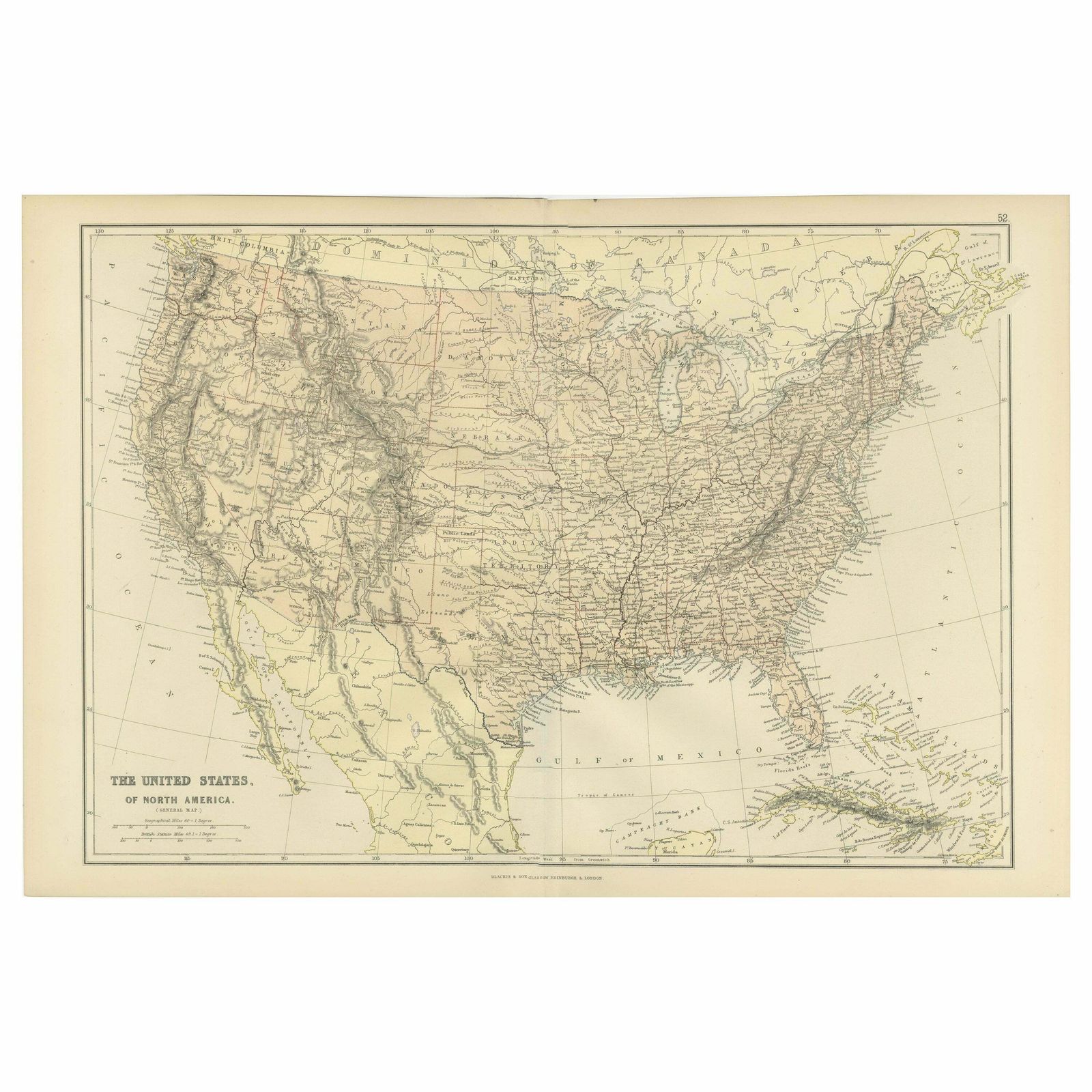 Antique Map Of The United States Of North America, 1882