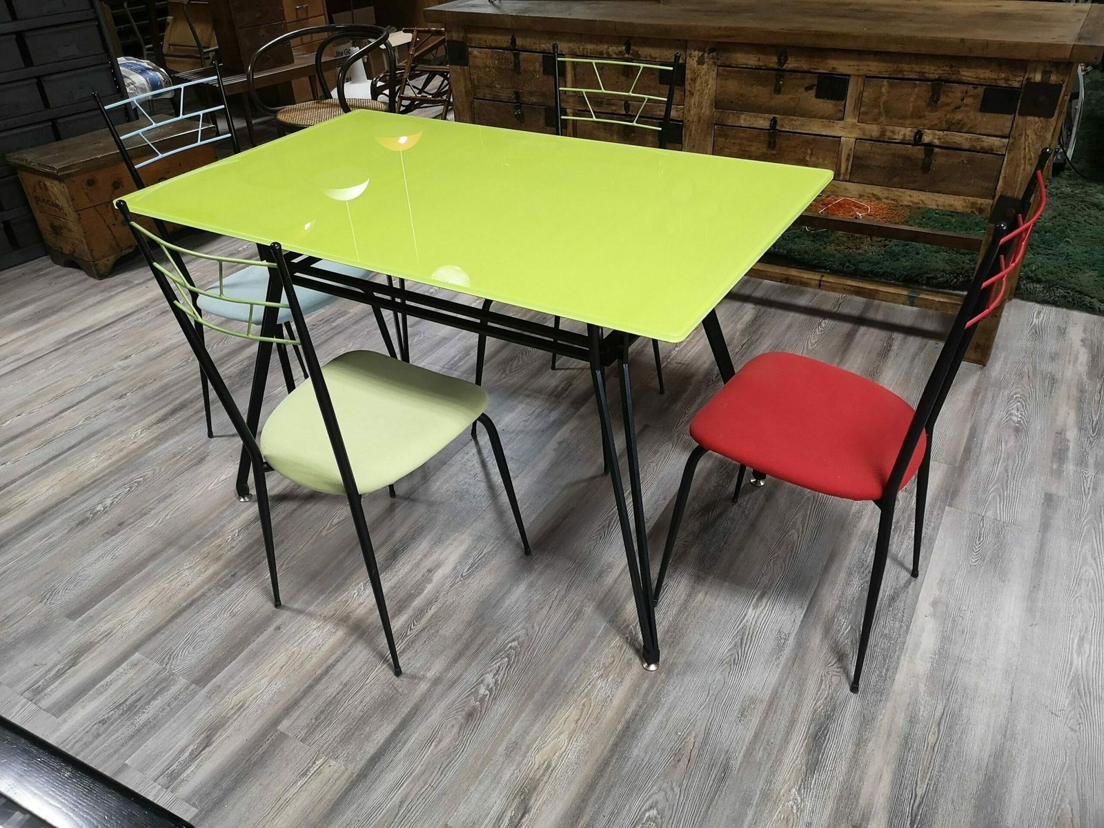Iron Table With Colored Glass Top, 1950s photo furniture
