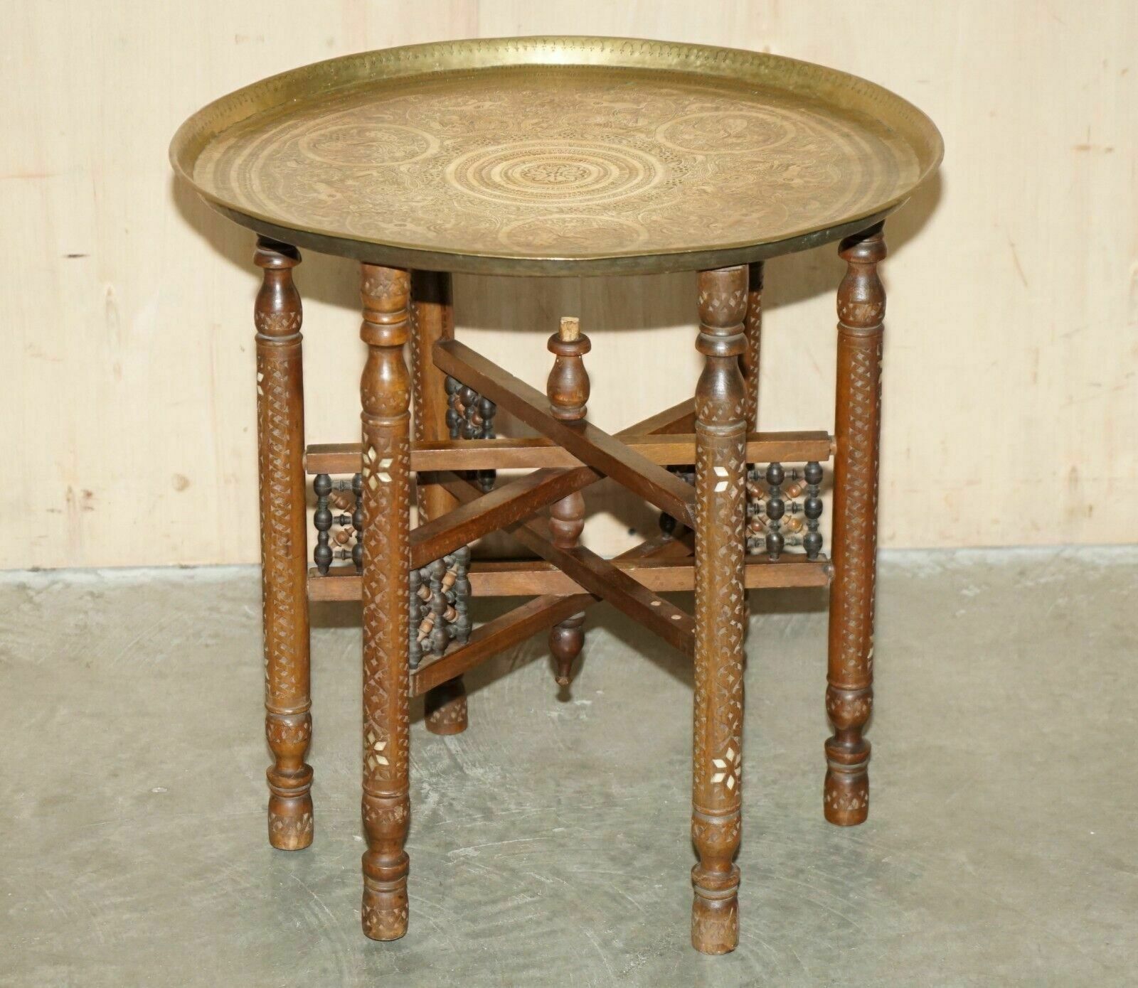 Antique Hand Carved Liberty's London Moroccan Folding Tray Table Zodiac Etchings photo furniture