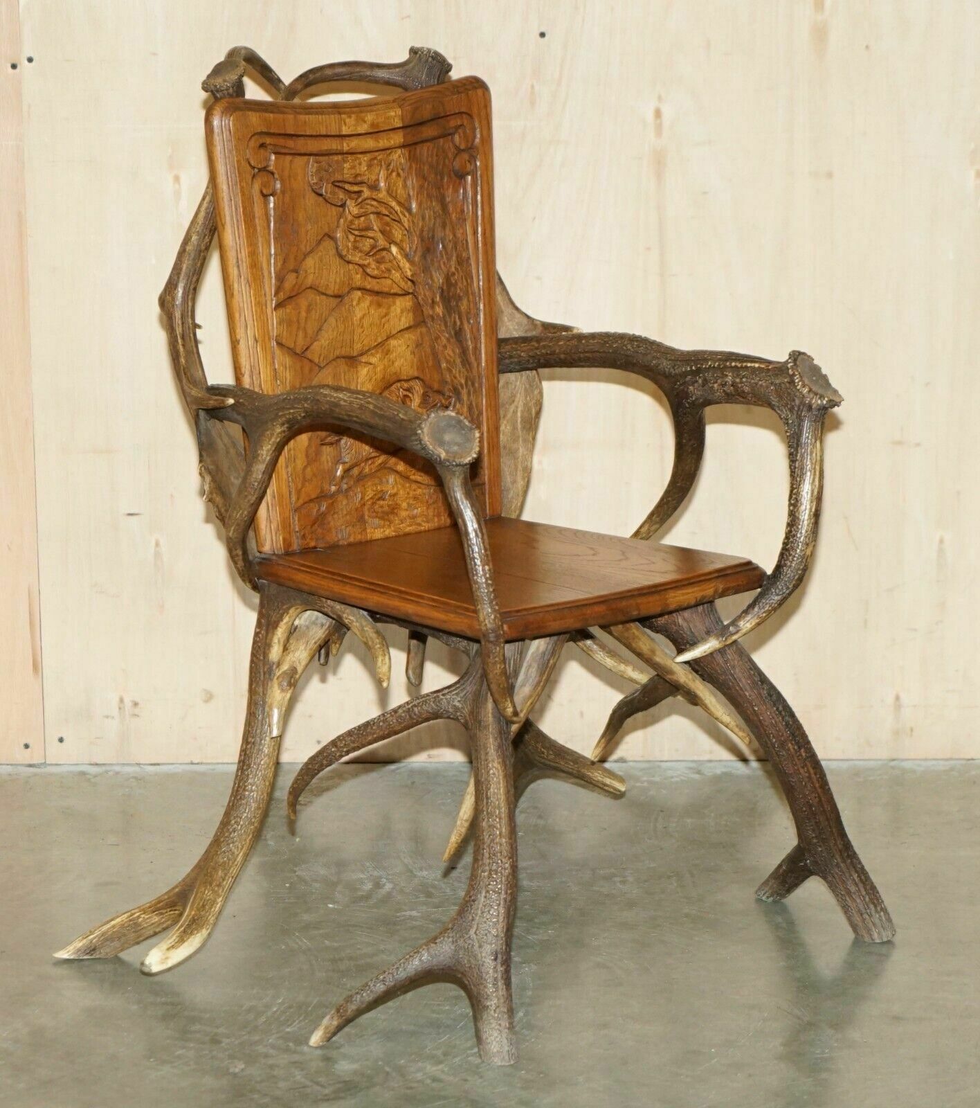 Pair Of Antique German Black Forest Carved Antler Armchairs Part Of A Suite photo furniture