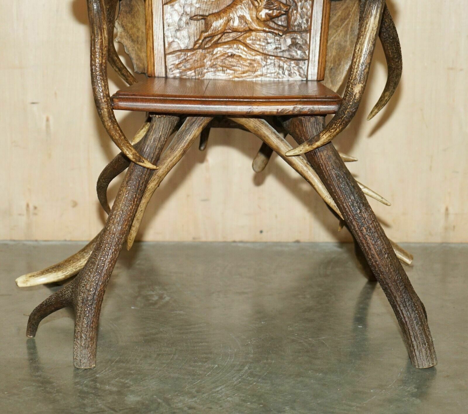 Pair Of Antique German Black Forest Carved Antler Armchairs Part Of A Suite photo buy