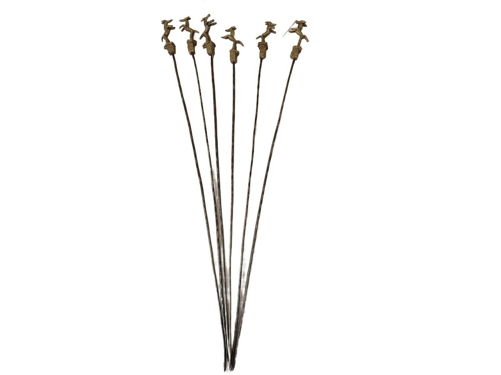 Akan Ashanti Bronze Meat Skewer Bbq Sticks With Antelope Figurine, Set Of 6, Collectible African Tribal & Folk Decor photo for sale