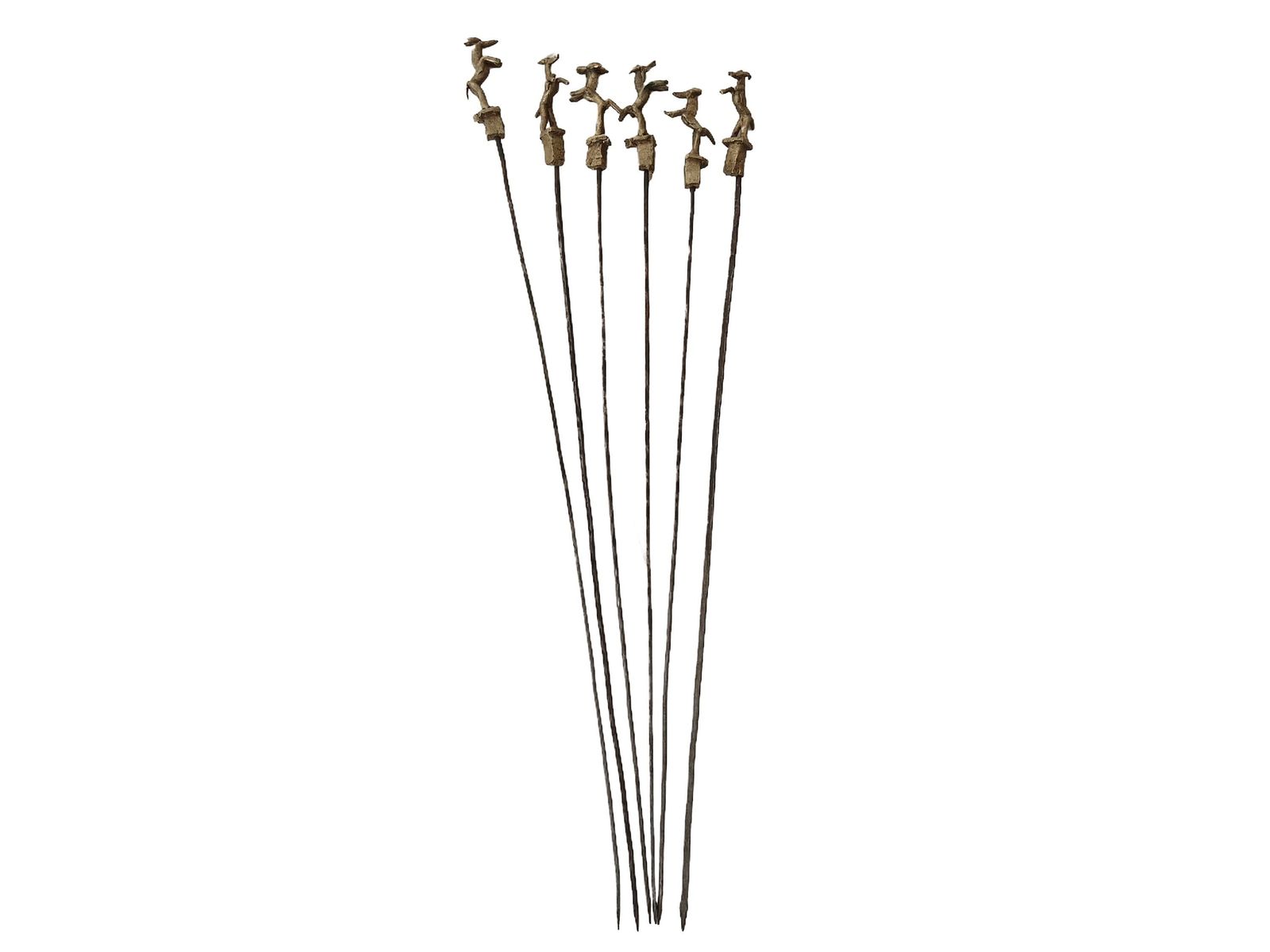 Akan Ashanti Bronze Meat Skewer Bbq Sticks With Antelope Figurine, Set Of 6, Collectible African Tribal & Folk Decor photo vinterior