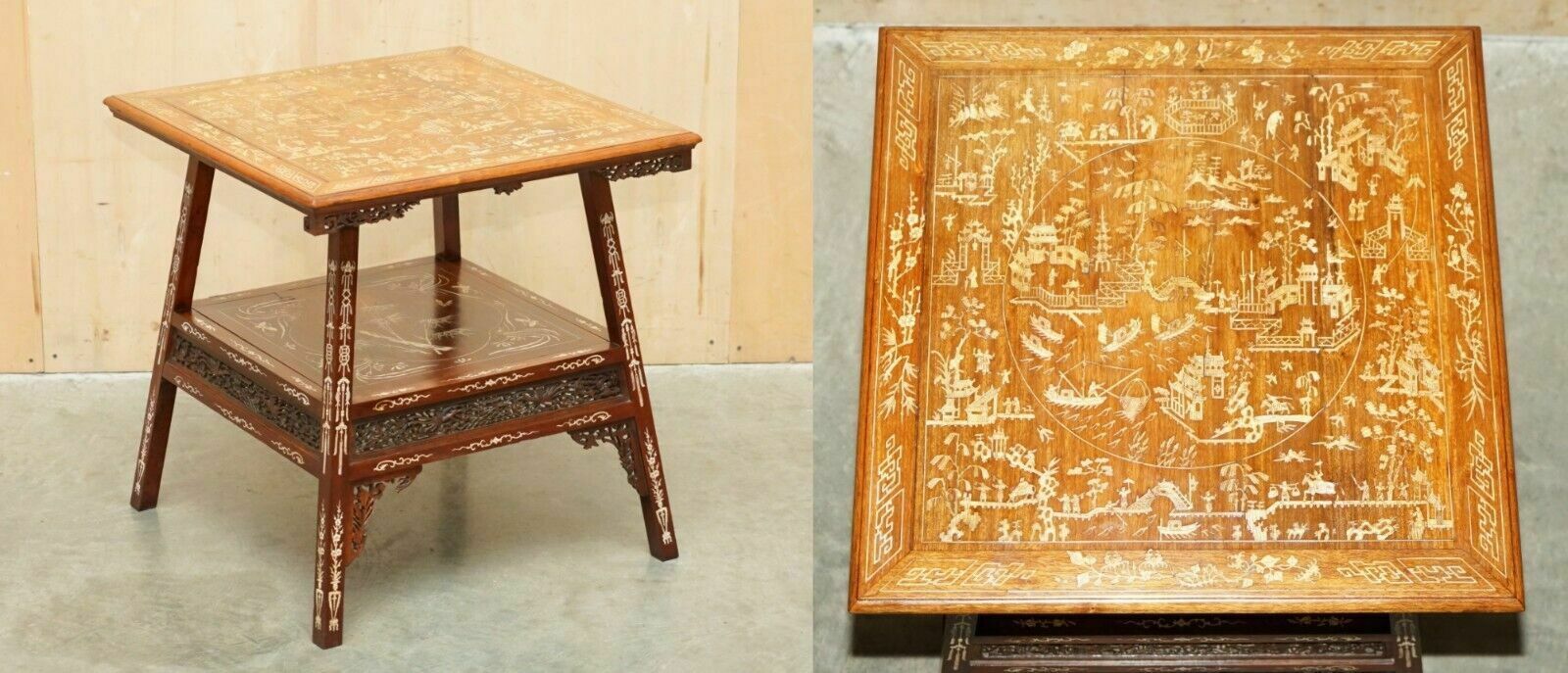 Antique Circa 1900 Ornately Carved And Heavily Inlaid Chinese Occasional Table
