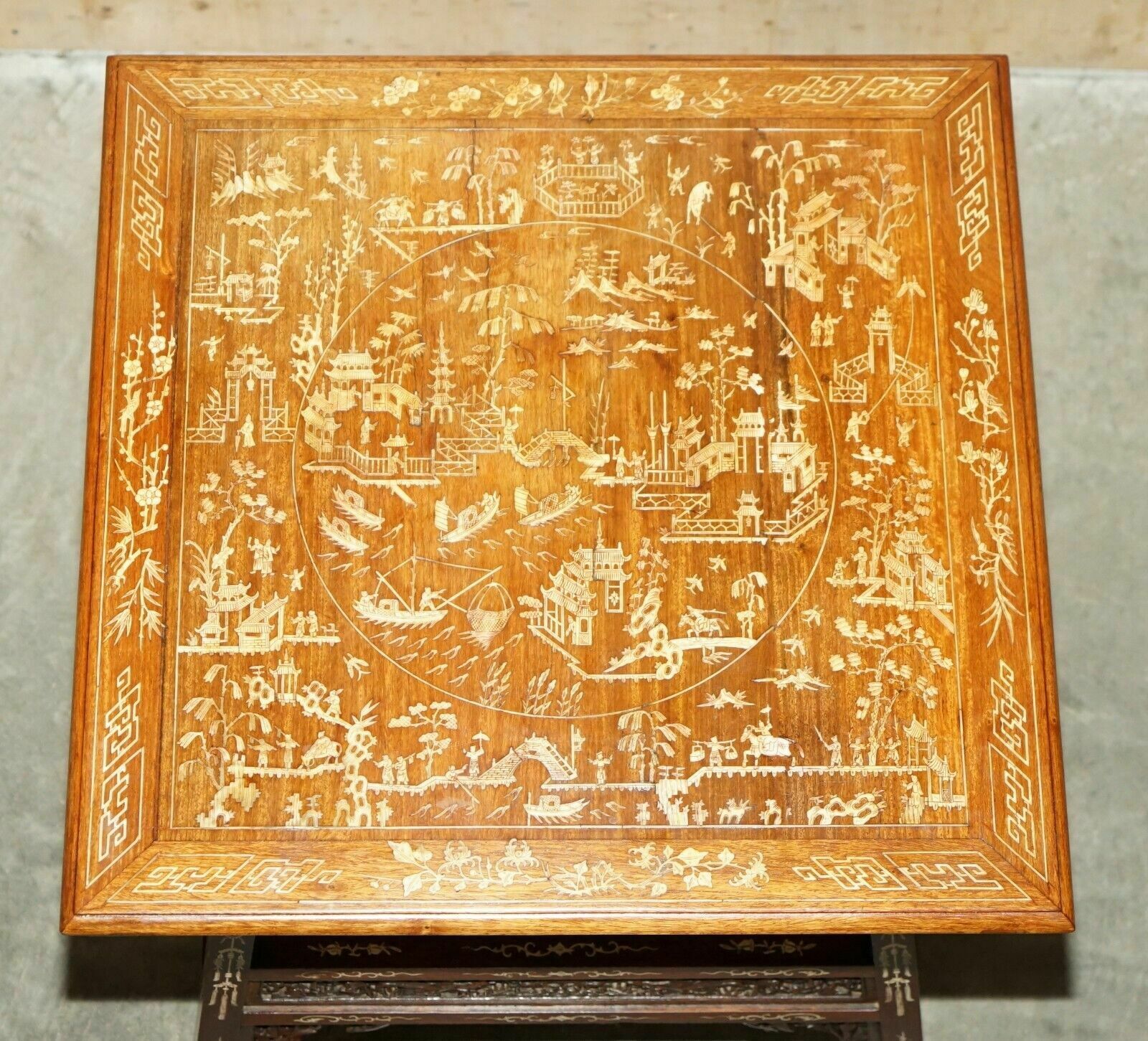 Antique Circa 1900 Ornately Carved And Heavily Inlaid Chinese Occasional Table photo furniture