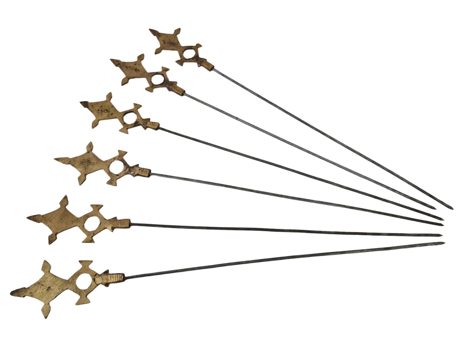Akan Ashanti Bronze Meat Skewer Bbq Sticks With Geometric Cross Figurine, Set Of 6, Collectible African Tribal & Folk Decor photo 77.0