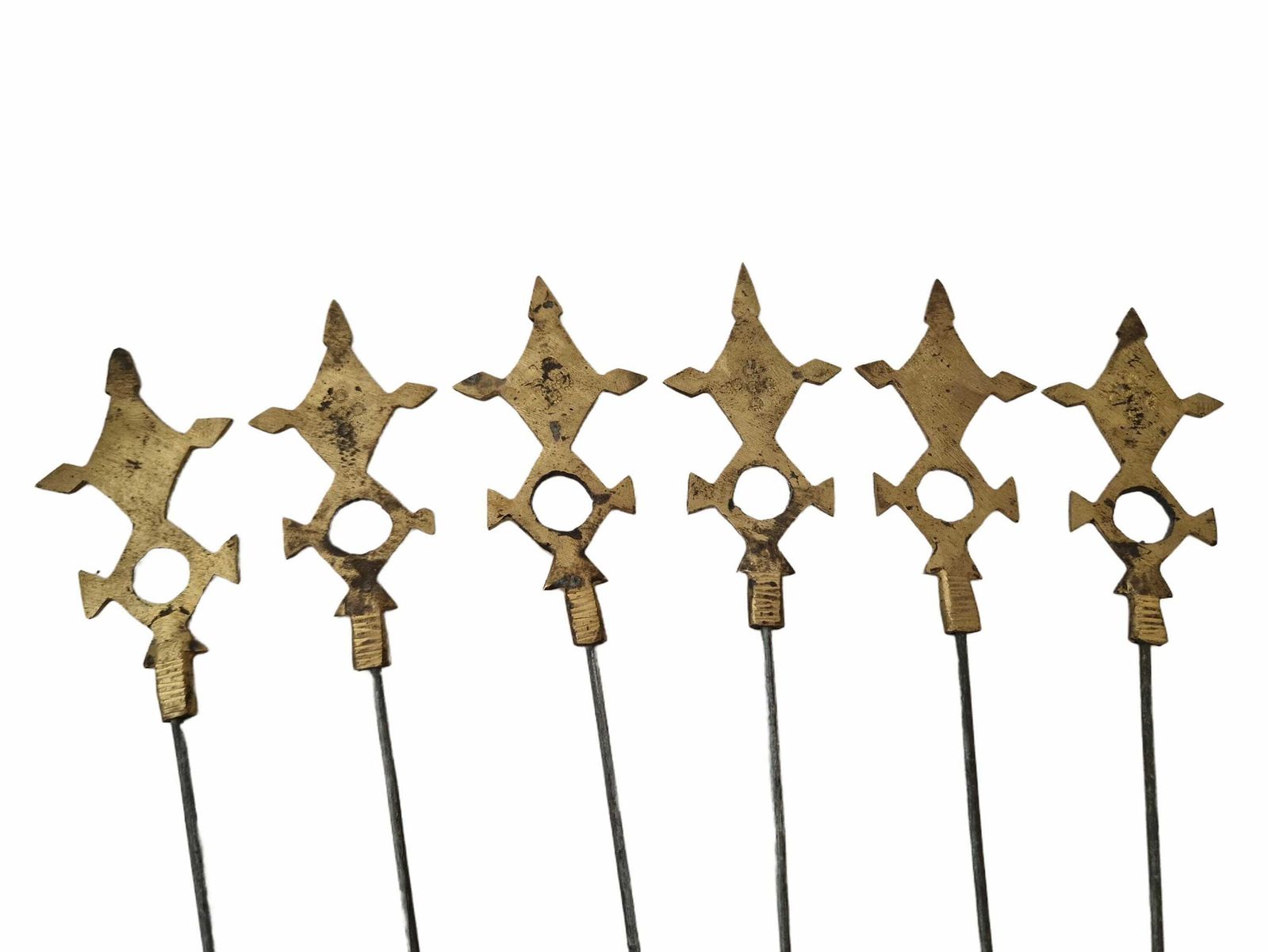 Akan Ashanti Bronze Meat Skewer Bbq Sticks With Geometric Cross Figurine, Set Of 6, Collectible African Tribal & Folk Decor photo buy