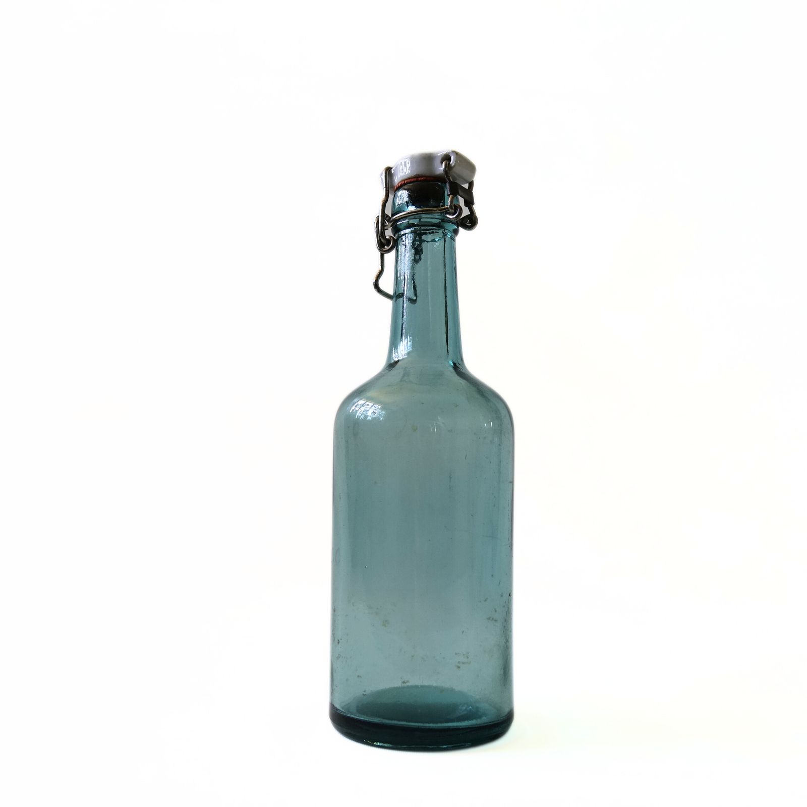 Vintage Small Green Glass Bottle With Porcelain Lid, årnäs From Sweden Early 1