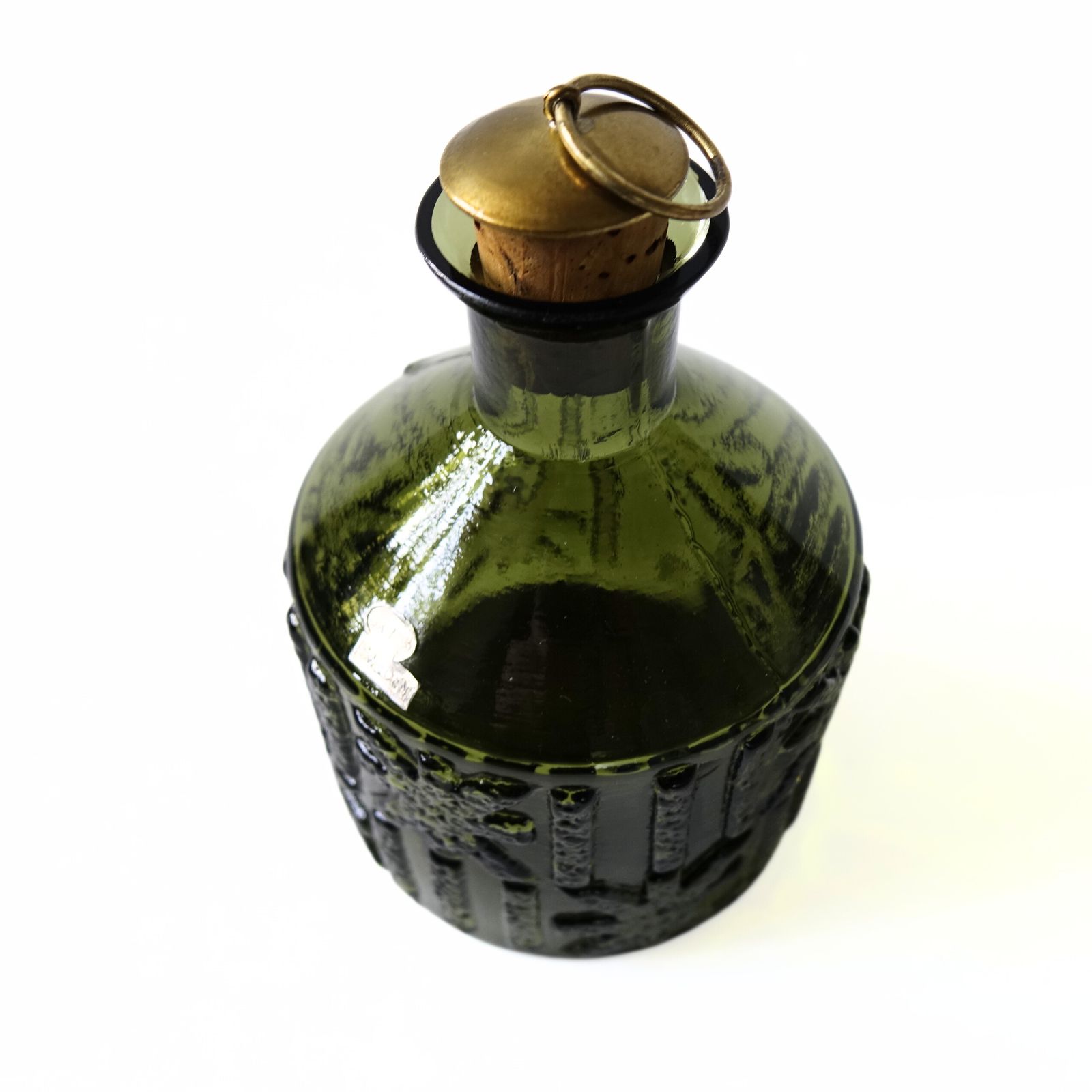 Vintage Green Glass Decanter With Cork And Brass Lid From Skruf Sweden photo for sale