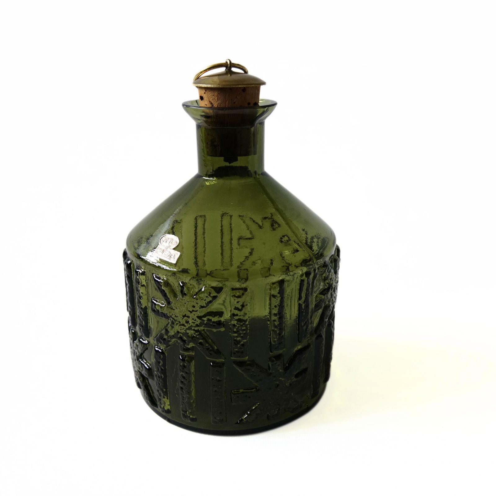 Vintage Green Glass Decanter With Cork And Brass Lid From Skruf Sweden photo Home Decor