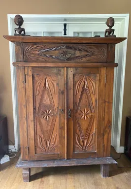 Indonesian Teak Wedding Cabinet With Carved Loro Blonyo Couple