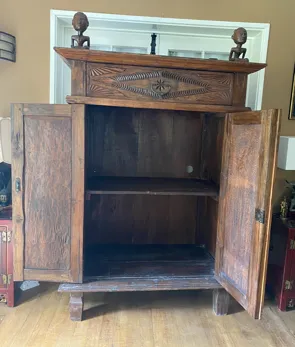 Indonesian Teak Wedding Cabinet With Carved Loro Blonyo Couple photo furniture