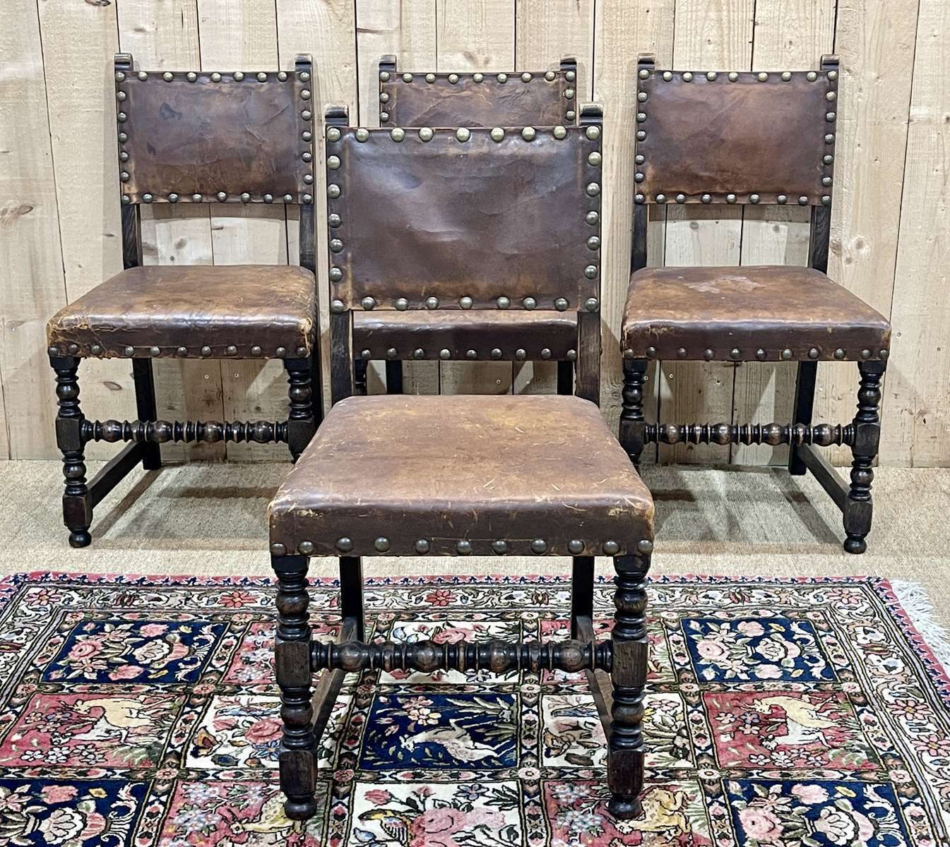 Set Of 4 Louis XIII Chairs In Oak And Leather, Early 20th Century photo furniture