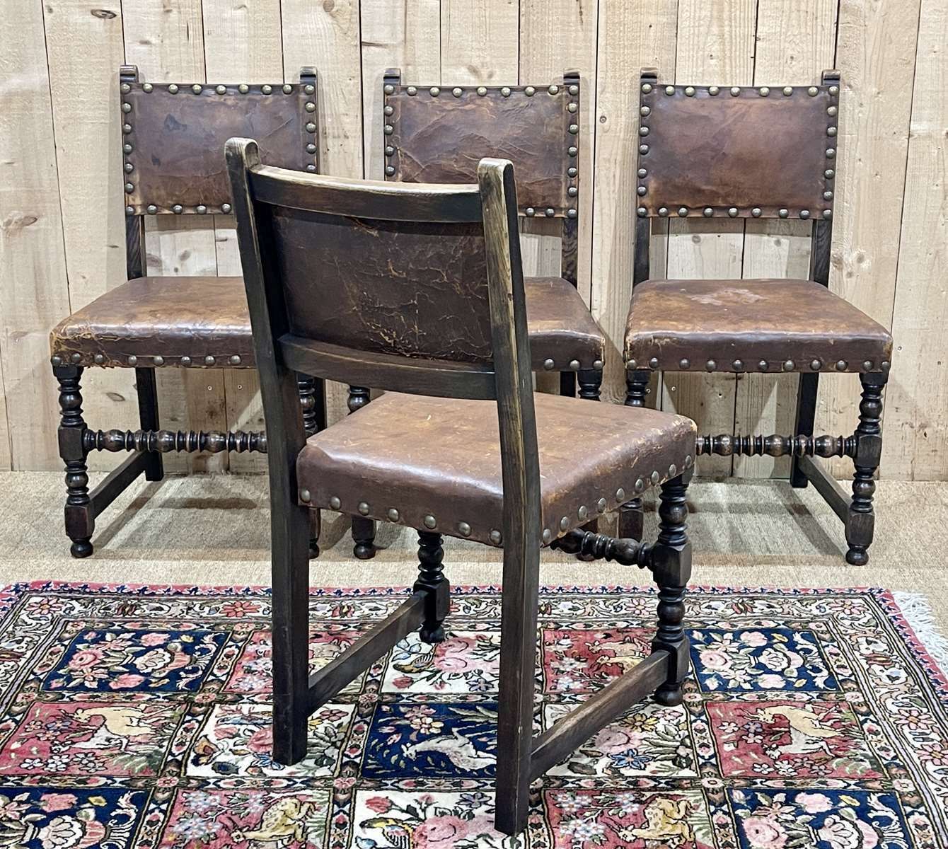 Set Of 4 Louis XIII Chairs In Oak And Leather, Early 20th Century photo for sale